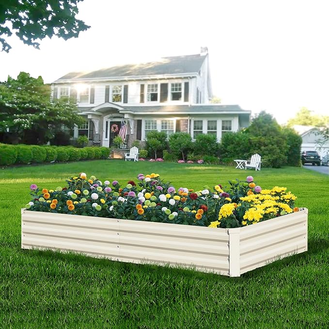 Raised Garden Bed Beige, 6x3x1ft Galvanized Raised Garden Bed Outdoor Metal for Gardening Vegetables Flower Garden Planter Box Large Raised Bed with Gloves and 3ftx30ft Weed Barrier Fabric