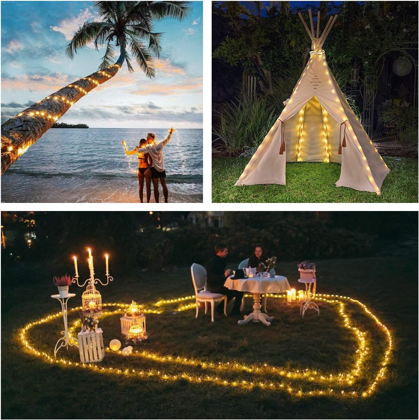 QITONG Warm White Solar Fairy Lights Outside Waterproof, 2 Pack 66ft 200 LED String Lights Outdoor, 8 Modes Silver Wire Twinkle Lights