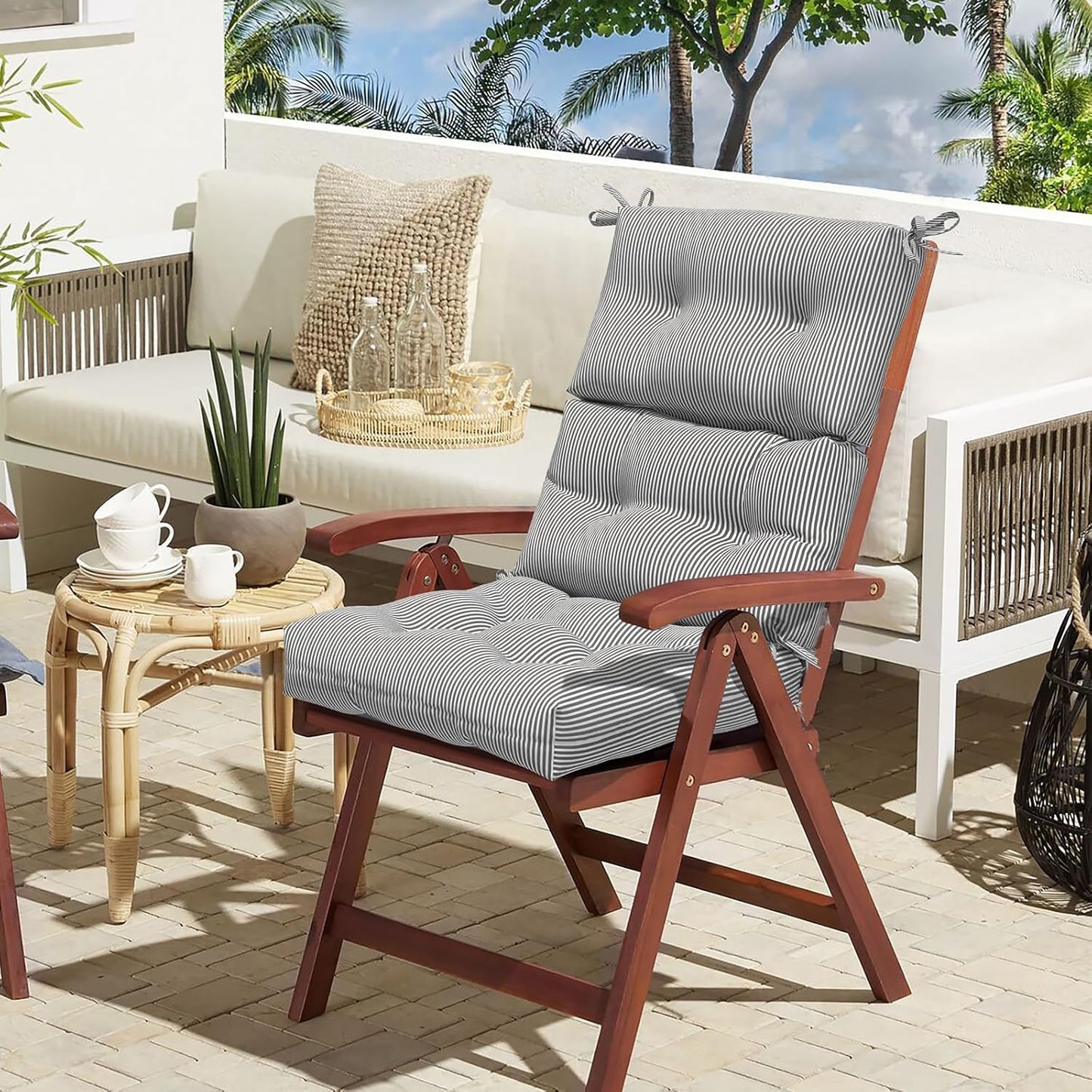 LVTXIII Outdoor 44x22-inch High Back Chair Cushions, Patio Solid Tufted Adirondack Chair Seat Cushions, Seasonal Replacement Rocking Chair Cushion with Ties, Set of 2, Strip Grey