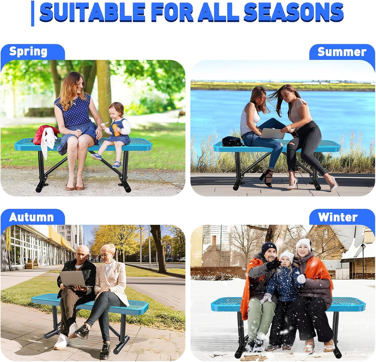 Heavy-Duty Park Bench or Table for Outside - Black Coated Outdoor Furniture Steel Bench, Commercial-Grade Outdoor Benches Weatherproof for Park, Patio, Porch (Blue, 4FT (Without Backrest))