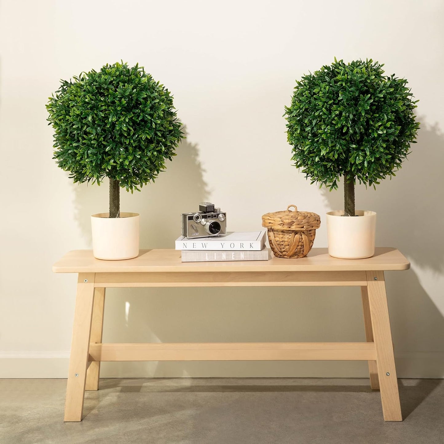 Premium 16" Diameter Artificial Japanese Boxwood Topiary – Set of 2 Faux Plants in Beige Decorative Planters – Realistic, UV-Resistant, Weatherproof Outdoor & Indoor Décor