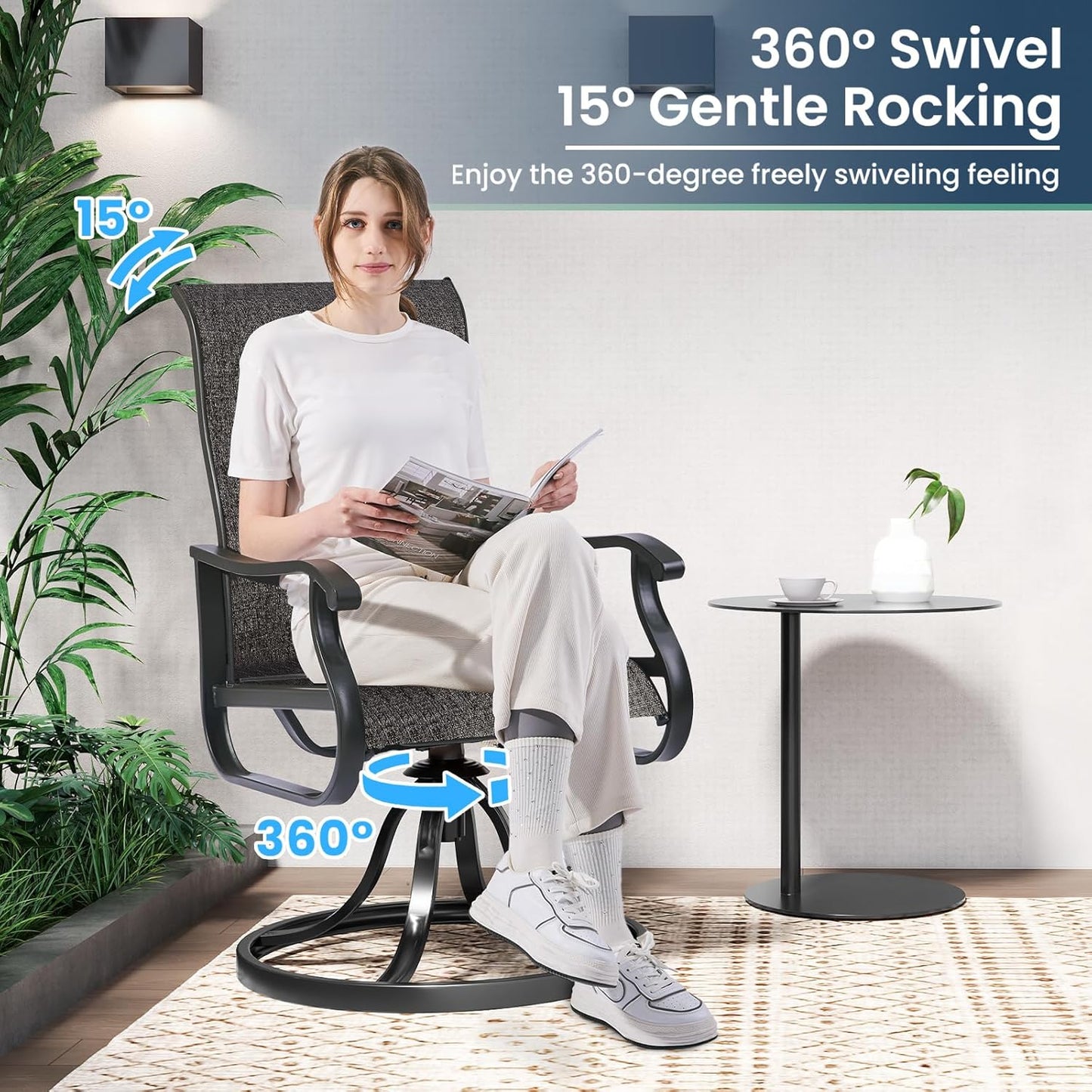 Amopatio Patio Swivel Chairs Set of 4, Outdoor Swivel Rocker Dining Chairs with All Weather Textilene High Back & Metal Frame, for Backyard Deck Lawn, Dark Grey