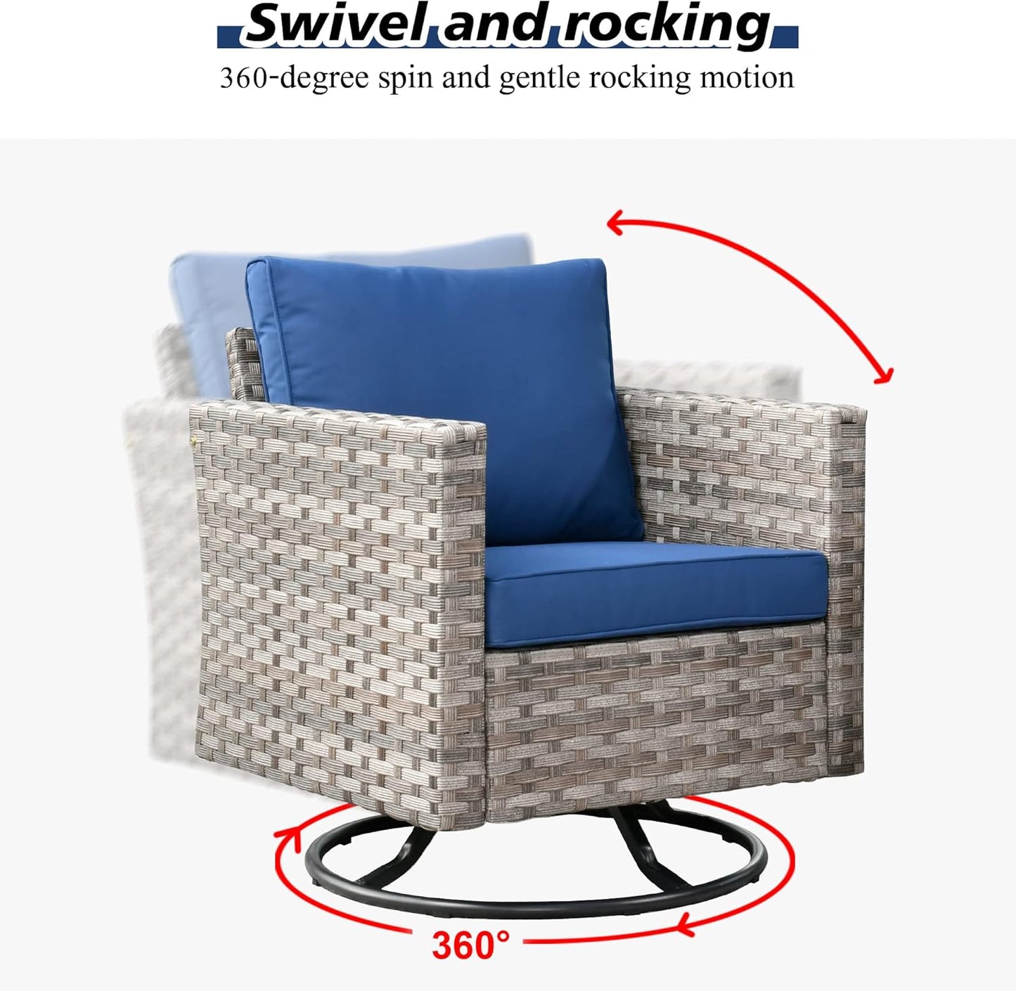 HOOOWOOO 9 Piece Modular Patio Outdoor Sectional Furniture Set with Gas Propane Fire Pit Table,Wicker Conversation Sofa Set with Swivel Chairs,Outside Couch Set(Navy Blue)