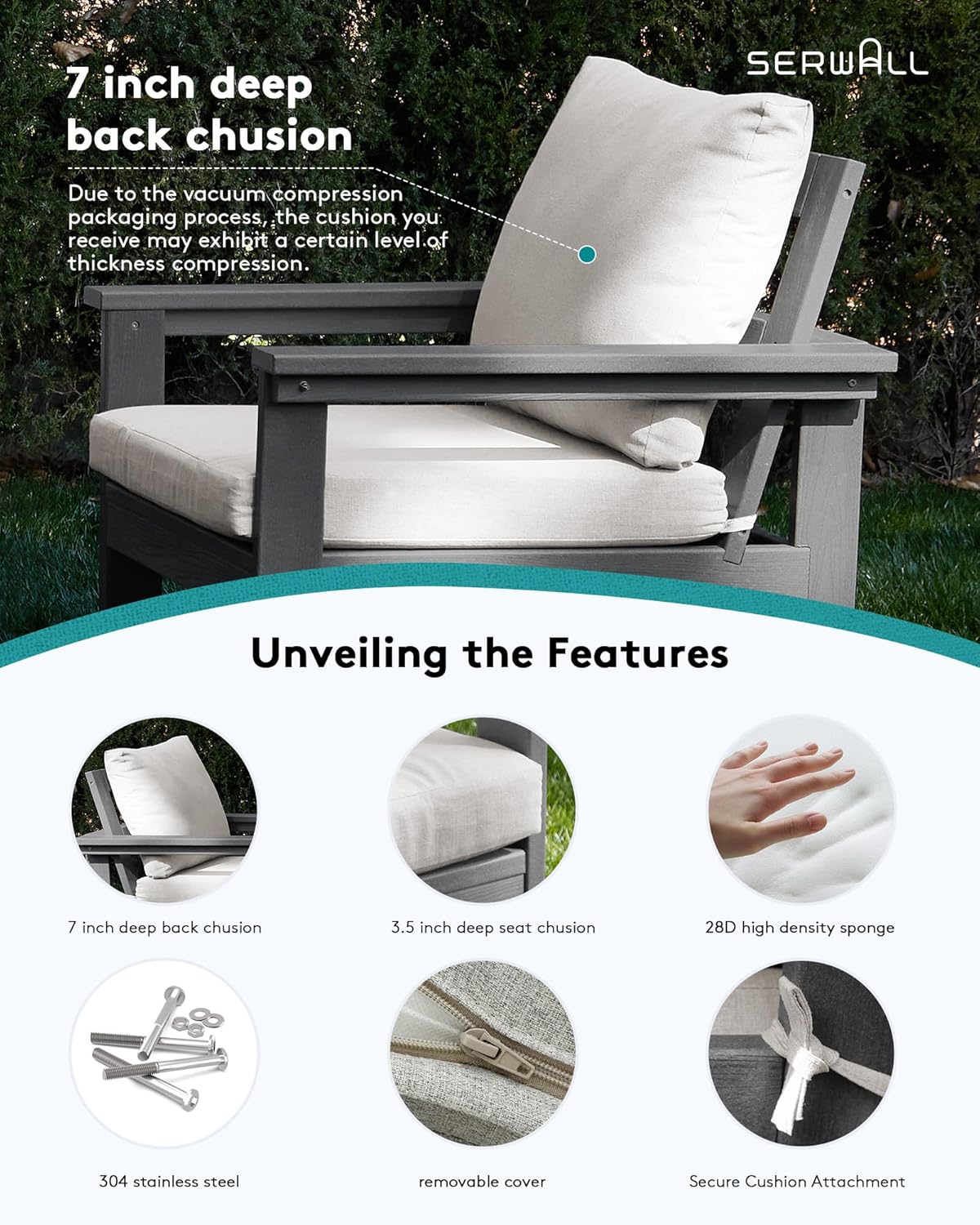 SERWALL HDPE Patio Conversation Set, 6-Piece Sectional Outdoor Furniture Set, All Weather Outdoor Couch Set Patio Furniture Set for Deck, Lawn, Grey Frame with Khaki Cushion