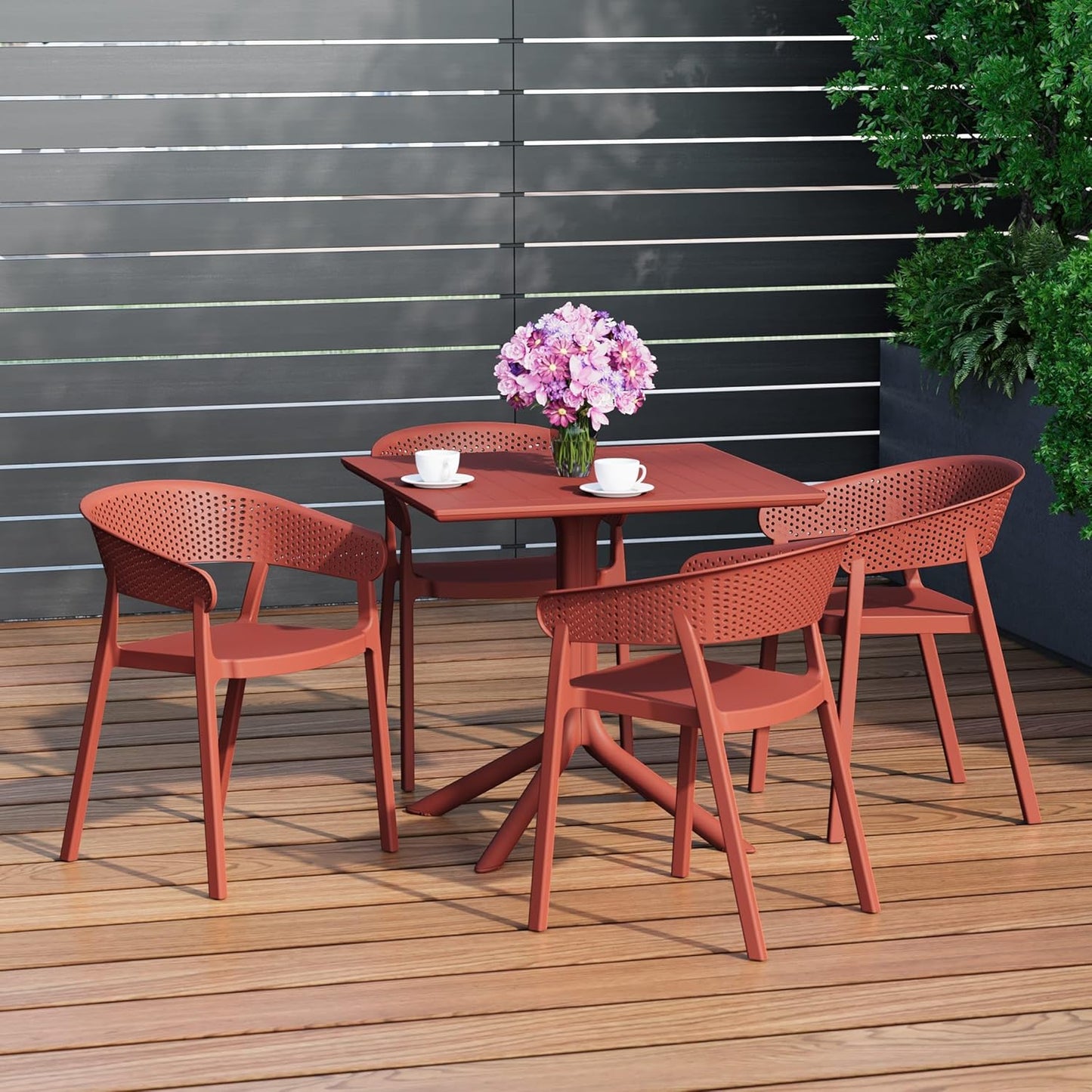 5-Piece Outdoor Dining Set, HDPE Patio Square Bistro Table and Stackable Chairs Sets for 4, Outdoor Furniture All Weather for Backyard Poolside, Red