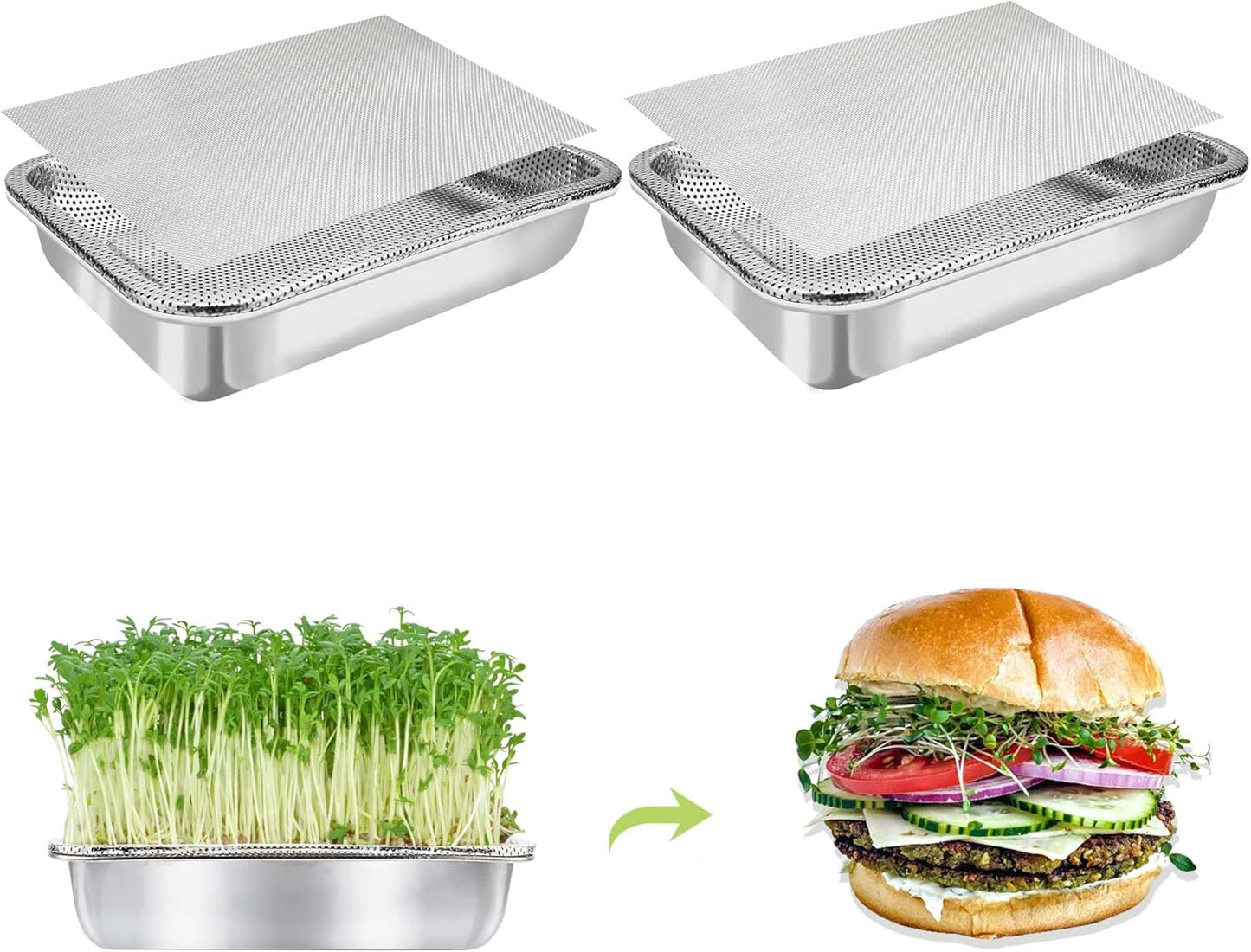 Stainless Steel Sprouts Growing Kit 2-Tier 10.4 inch Trays, Microgreens Growing Kit, Seed Sprouting Tray with Encrypted Mesh Sprouts for Beans Alfalfa Broccoli Wheat Grass