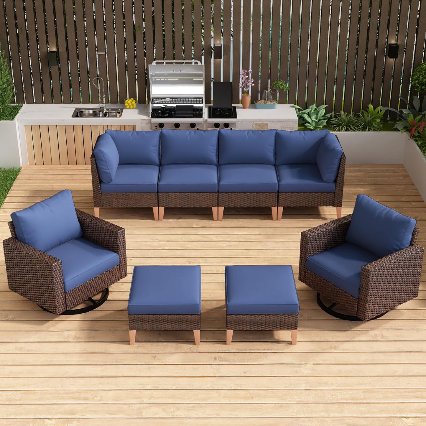 HUMMUH 8 Pieces Patio Furniture,Outdoor Modular Sectional Couch Swivel Rocking Chairs with Ottomans,All Weather PE Wicker Patio Conversation Sets for Garden Porch Backyard