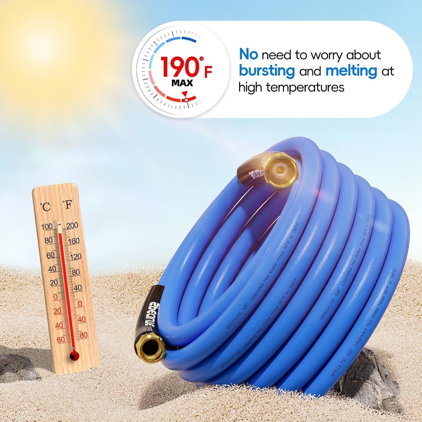 Hot/Cold Garden Water Hose 125 ftx 5/8 in, -50℉ To 190℉, Heavy Duty, Flexible, Burst 605 Psi, Lightweigh, Upgraded Rubber Pipe with 3/4" Brass Fittings For Backyard, Outdoor, Farm, Blue