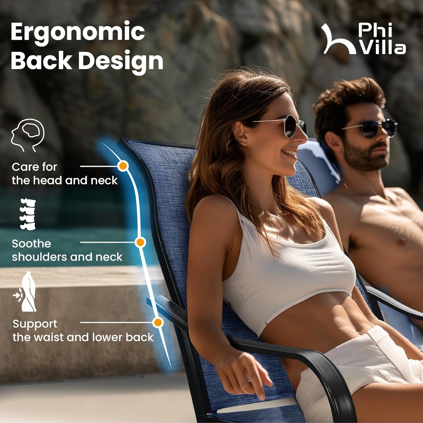 PHI VILLA 5 Piece Patio Dining Set with 4 Outdoor Swivel Dining Chairs & 1 Large Round Dining Table, All Weather Blue Textilene Mesh Fabric Chair and Round Metal Table for Deck Lawn Garden