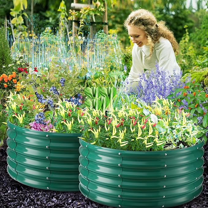 17" Tall Round Outdoor Garden Raised Garden Bed Kits- 0.8MM Thick Metal Raised Planter Bed/Ground Planter Box for Variety of Flowers,Herbs,Vegetables (Dark Green, 40 inches Diameter)