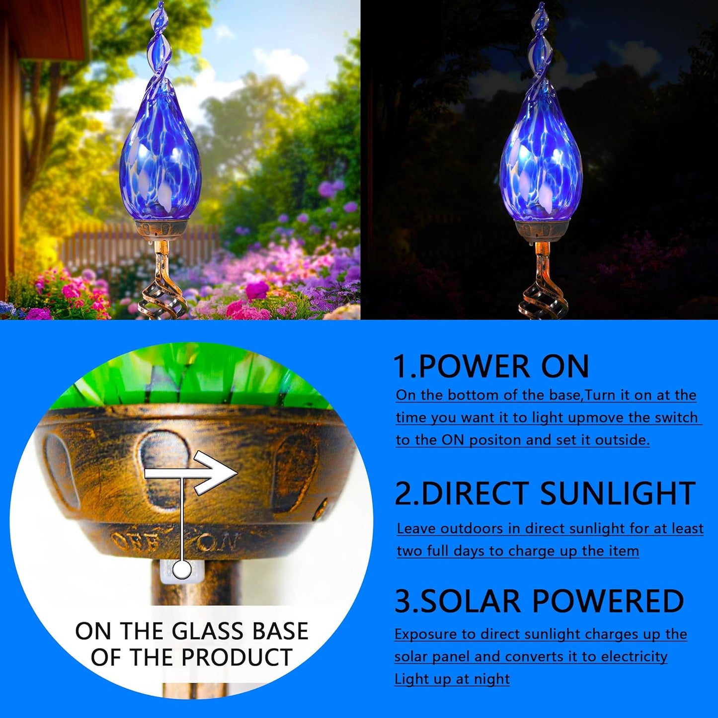 Solar Garden Lights, Decorative LED Flame Garden Stakes, Hand Blown Glass and Outdoor Waterproof Glass Stakes (Dark Blue)