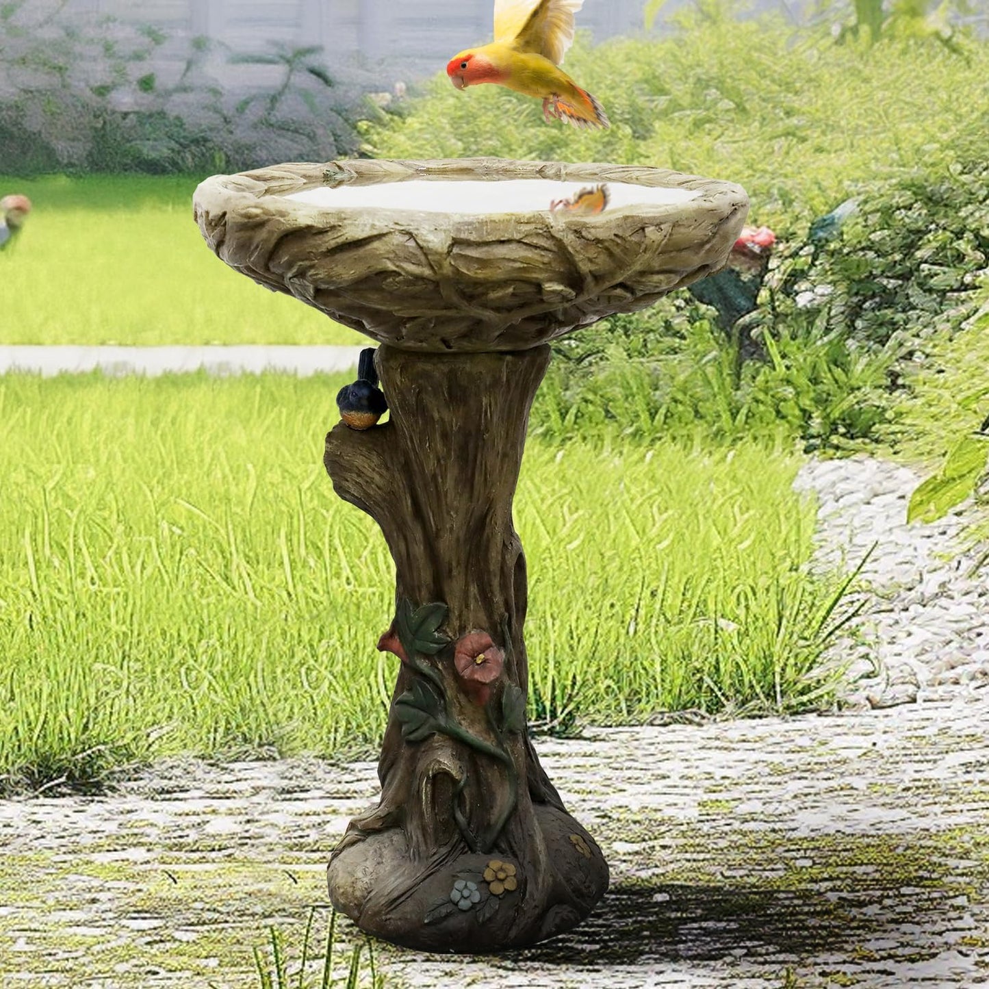 SunJet 25.5 Inch Heigh Wood-Look Concrete Bird Bath with Decorative Faux Bird – birdbath Rustic & Long-Lasting Design, Enhances Garden, Patio, Yard, Lawn Décor