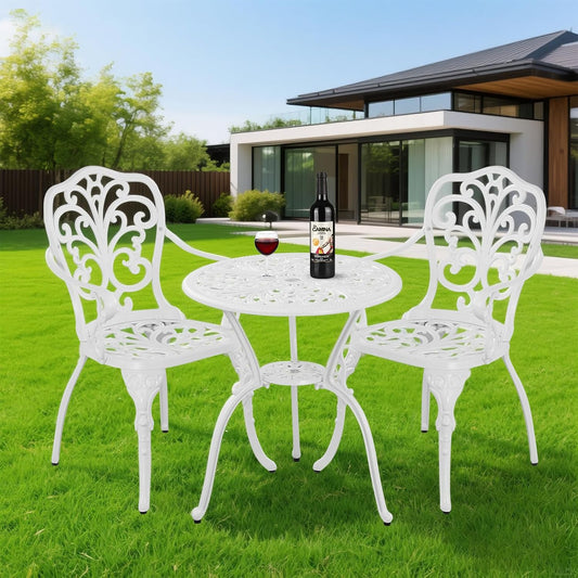 Outdoor 3 Piece Patio Set,Cast Aluminum Bistro Table and Chairs Set of 2 with Umbrella Hole, AIl-Weather Resistance Patio Bistro Set for Yard, Garden, Balcony, Black(White)