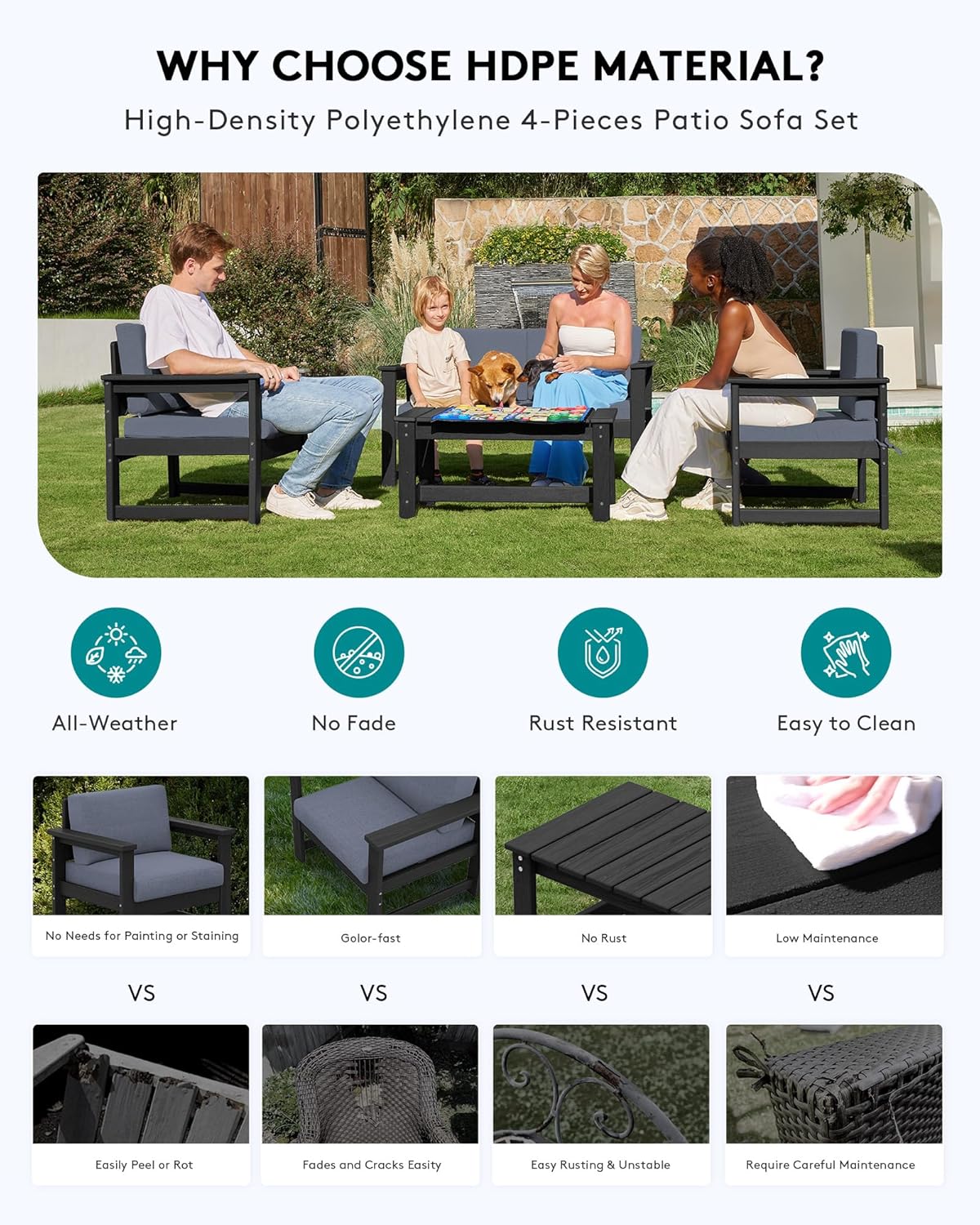 SERWALL 5 Pieces HDPE Outdoor Conversation Sofa Set with Cushion, All Weather Couch Loveseat Furniture Set with Pads, Outdoor Social Sofa Coffee Table Set, Black Frame with Grey Cushions