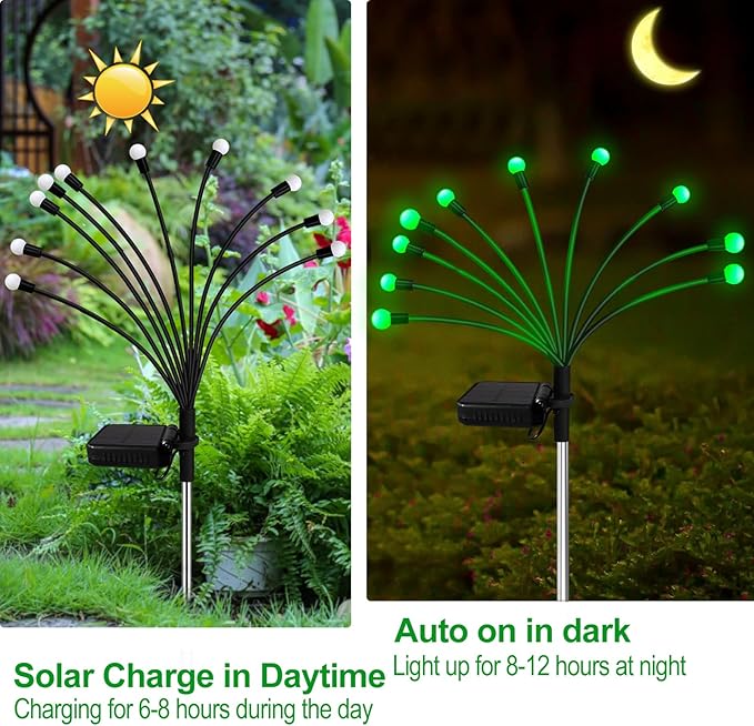 Solar Garden Lights Outdoor, 6 Pack 60 LED Green Firefly Lights Waterproof, Sway by Wind, Solar Swaying Light for Yard Patio Backyard Garden Planter Flower Bed Pathway Outdoor Decoration