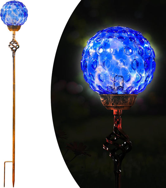 Garden Solar Lights, Decorative LED Honeycomb Glass Ball Garden Stake, Glass and Metal Outdoor Decoration, 4 x 31 Inch (Dark Blue)