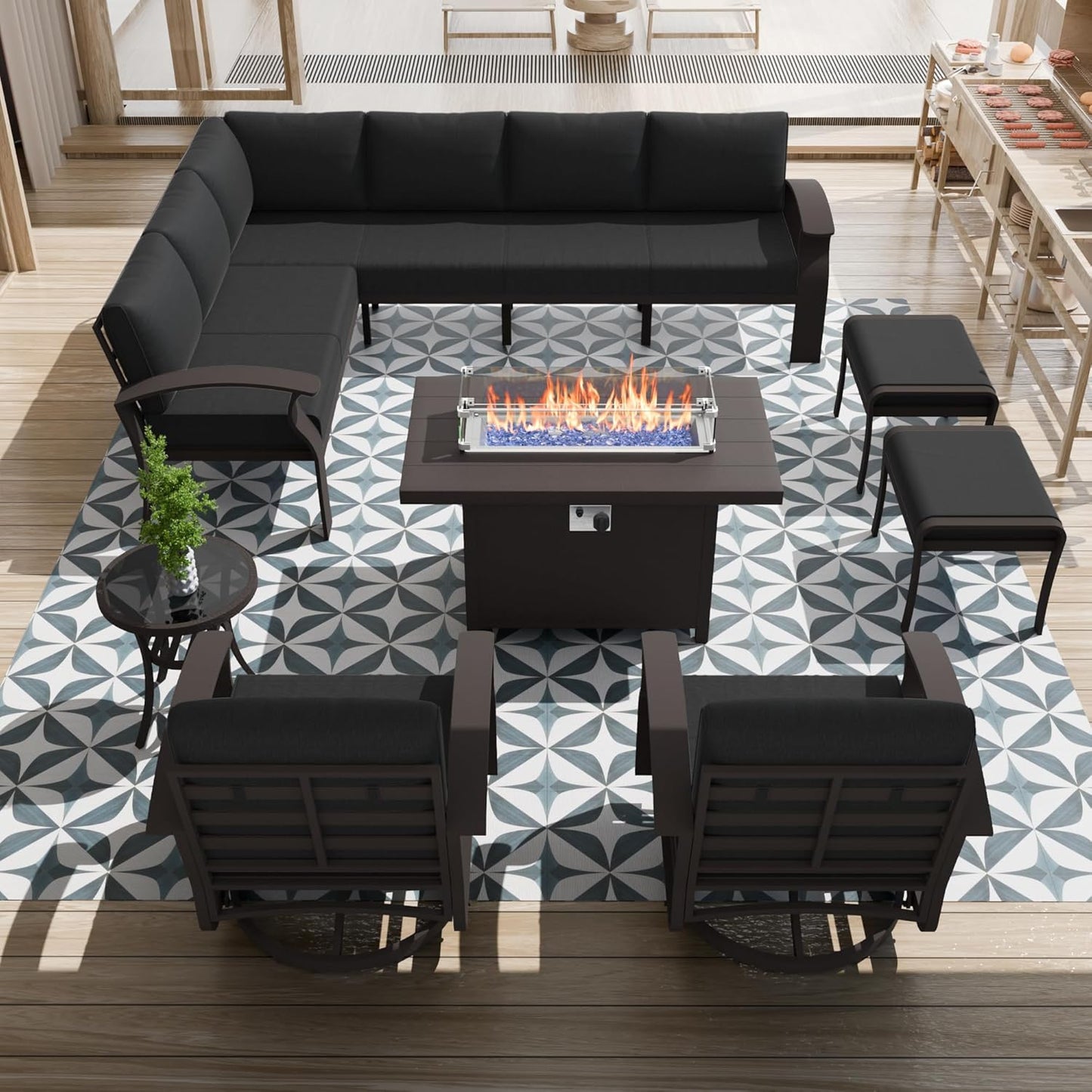 Aluminum Patio Furniture Set with Fire Pit Table, 10 Seats Outdoor Patio Conversation Set with Swivel Chair Modern Metal Patio Sectional Sofa with Coffee Table for Patio, Backyard(Dark Grey).