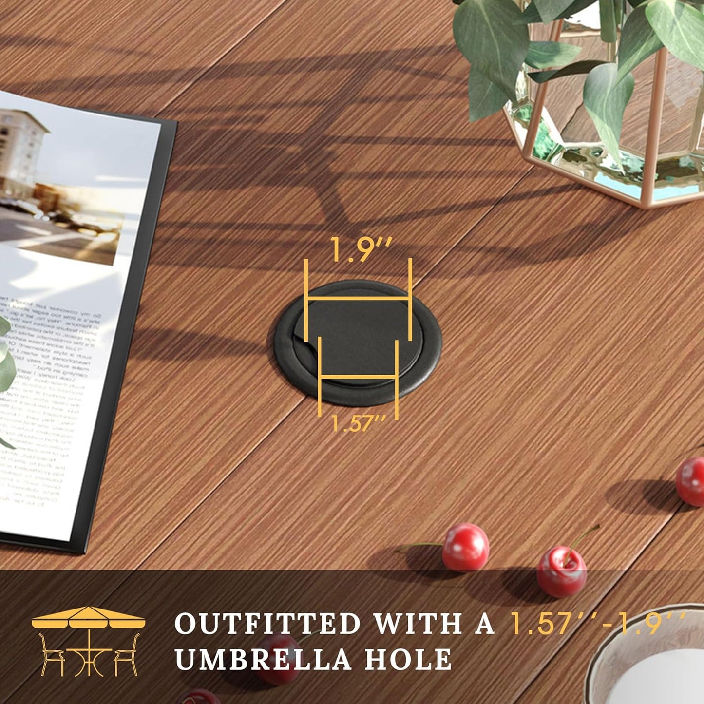VICLLAX 63" Rectangle Patio Table with Umbrella Hole, All Weather Metal Outdoor Dining Table for 6, Walnut Wood-Like Tabletop