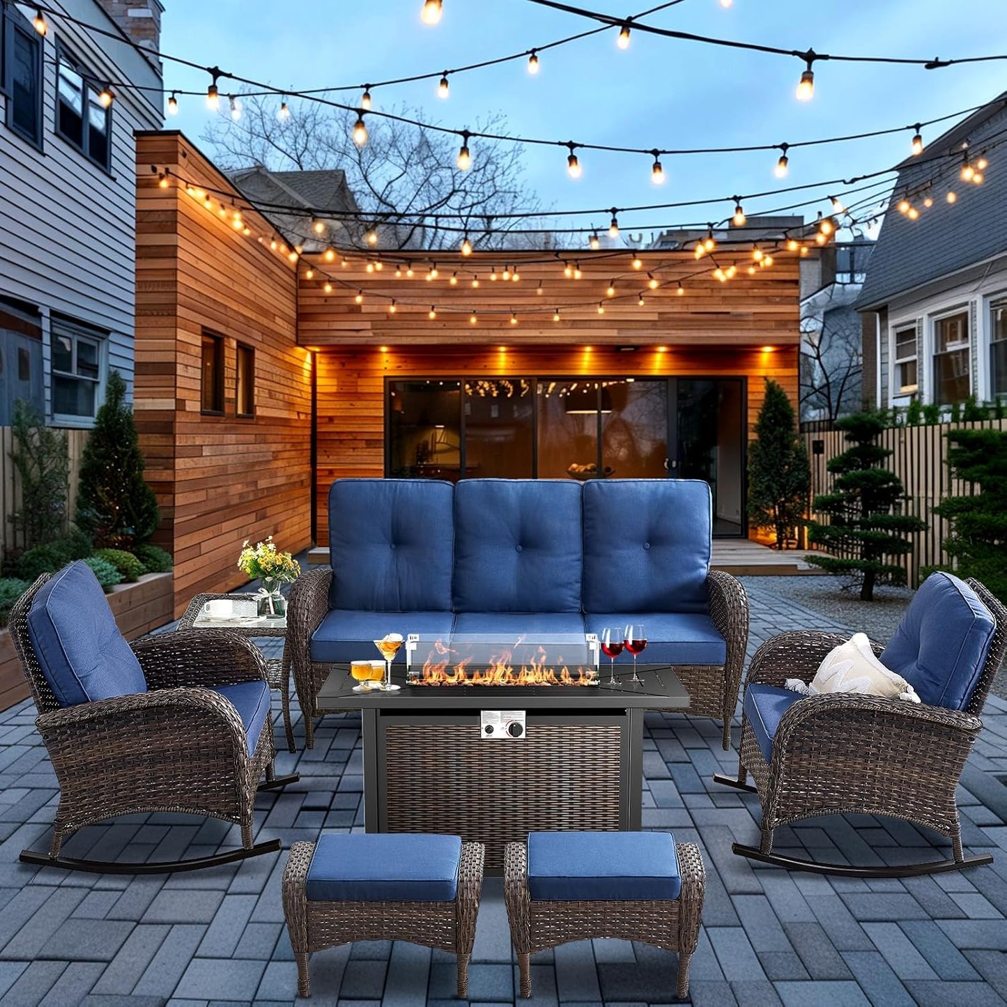 HUMMUH 7-Piece Outdoor Patio Furniture with Fire Pit Set,Wicker Patio Sofa Set Outdoor Rocking Chairs with Ottomans for Backyard,Poolside,Deck