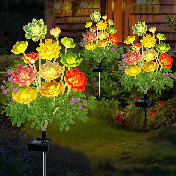 Kohlrabi Solar Garden Lights Outdoor, Upgraded 4 Pack Succulent Solar Lights, Gardening Gifts for Women, Succulent Plant Yard Decor Waterproof for Lawn Patio Pathway