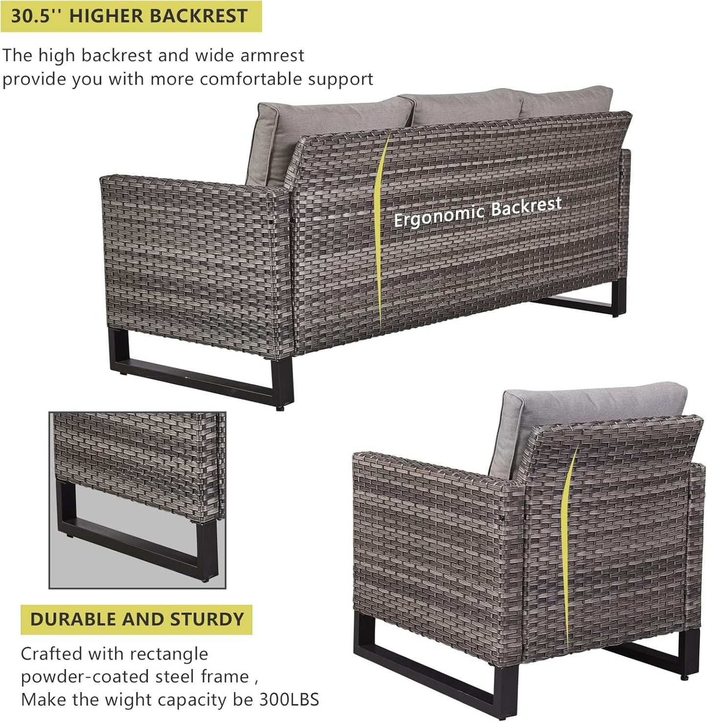 HUMMUH 7 Piece Patio Furniture with Fire Pit 30in 55,000 BTU,PE Wicker Outdoor Conversation Sets - Couch,Patio Chairs and Ottomans,Side Table for Porch,Garden,Backyard