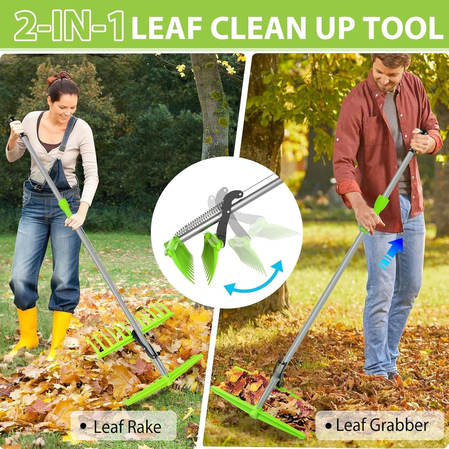 2-in-1 Leaf Grabber Rake, Back Saving Leaf Scoops and Claws with Long Handle, Efficient Leaf Picker Upper Grabber, Leaves Pickup Shovel for Lawns Yard Work Gardening