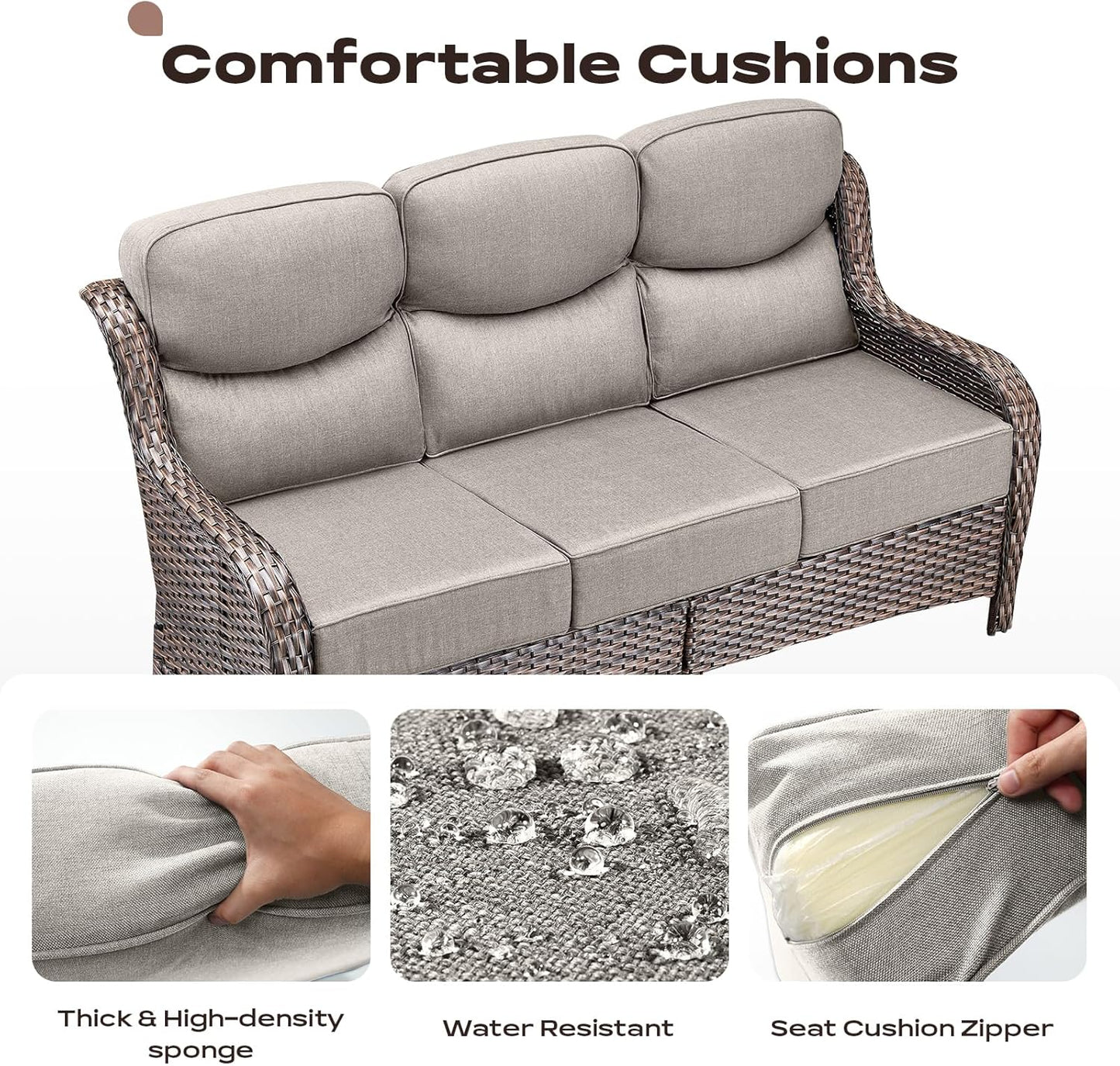 Wicker Outdoor Patio Furniture Set - 5 Piece Patio Conversation Sets with Swivel Rocker Chairs, Ottomans and Sofa, 6 inch Cushions, Waterproof Wicker, for Porch Deck Brown/Beige