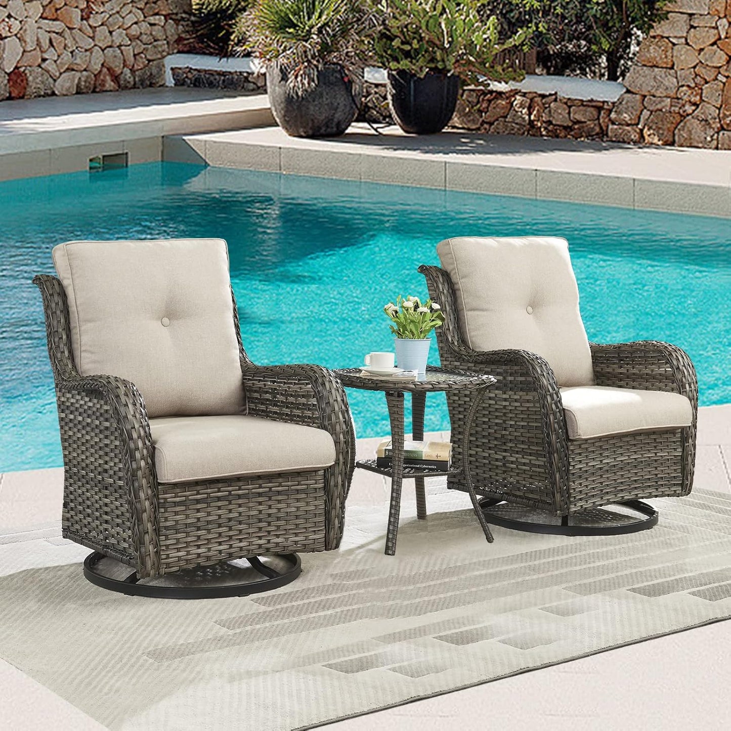 Outdoor Patio Swivel Rocker Chairs - Single Wicker Rattan Patio Swivel Rocking Chair with High Back,Deep Seating and Comfort Cushions for Deck Porch Garden,Mixed Grey/Beige