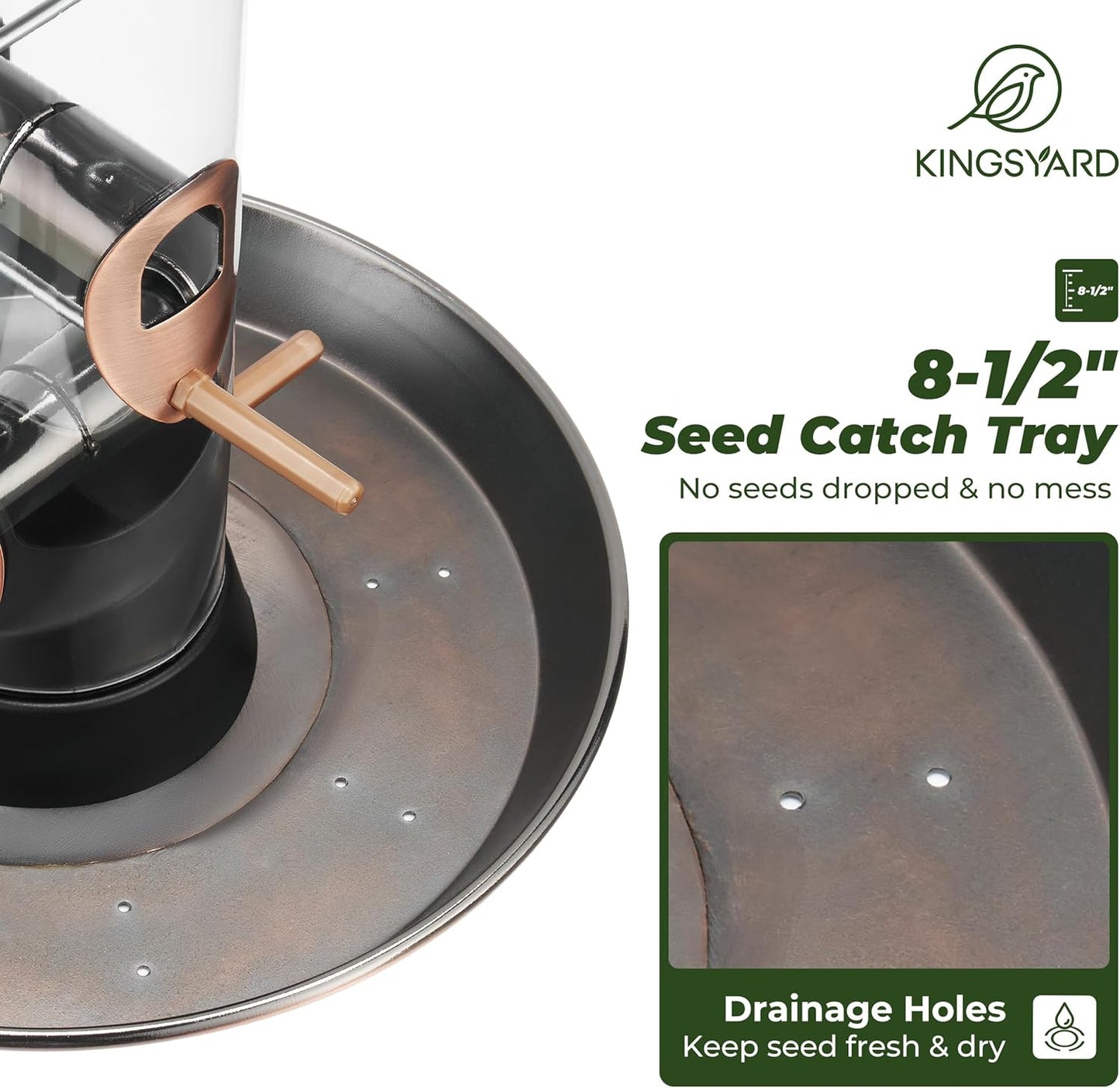 Kingsyard Metal Bird Feeders for Outdoors Hanging, Wild Bird Feeder for Finch Cardinal, Large Tray and Rainproof Dome, 2 lbs Seeds Capacity (Antique Copper)