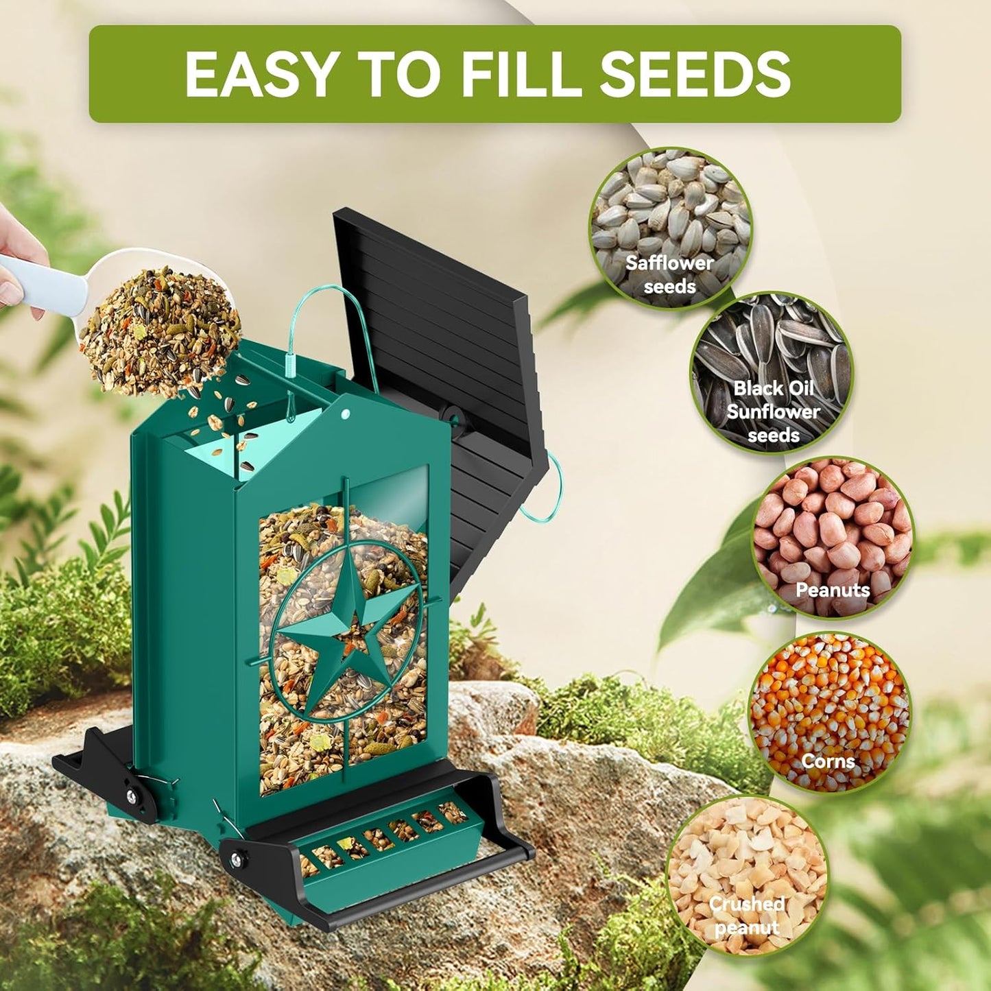 Squirrel Proof Bird Feeder for Outdoors Hanging, Metal Wild Bird Seed Feeder with Bilateral Weight-Activated Perches, 5LB Large Capacity Wild Bird Feeders for Outside Finch, Cardinal, Blue Jay