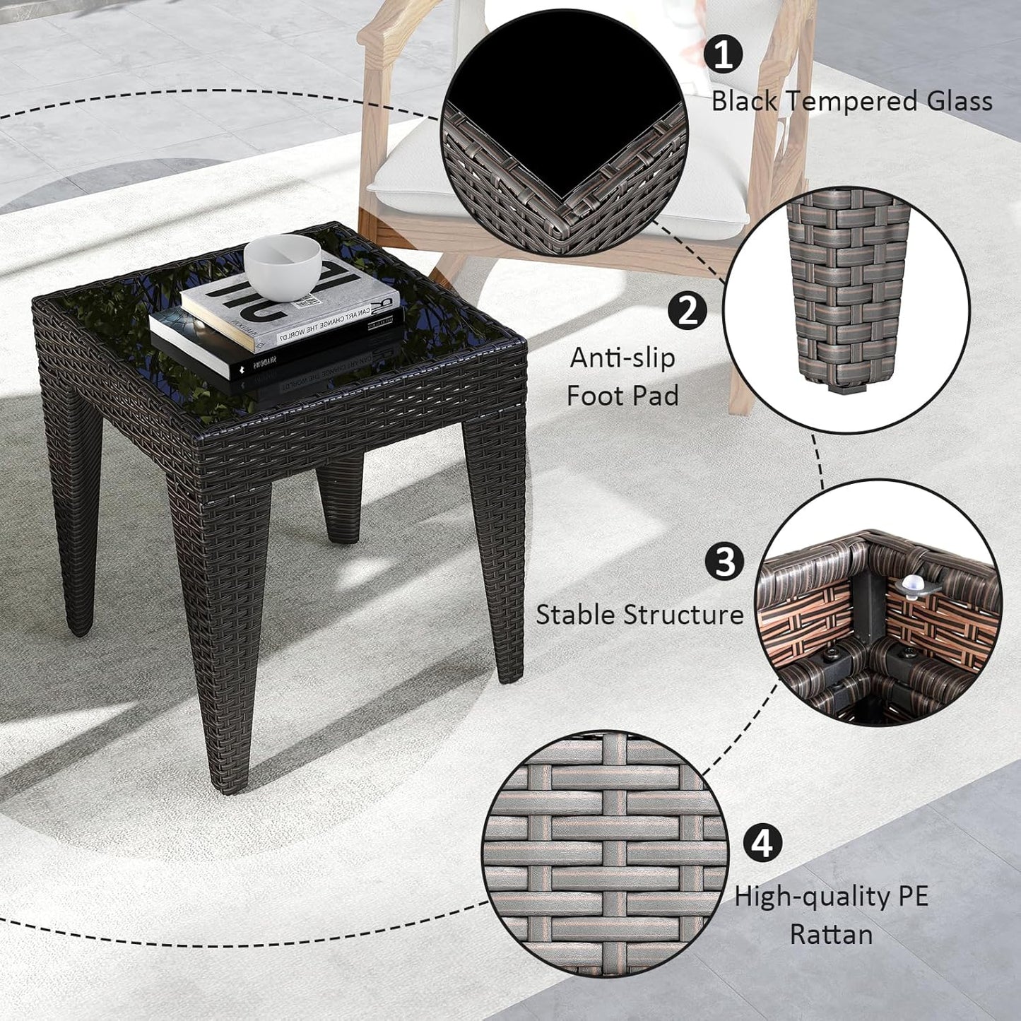 Outdoor Small Patio Table - PE Rattan Coffee Table, Wicker Side Table for Patio, Balcony & Porch, Durable & Iron Frame (1, Rattan Black)