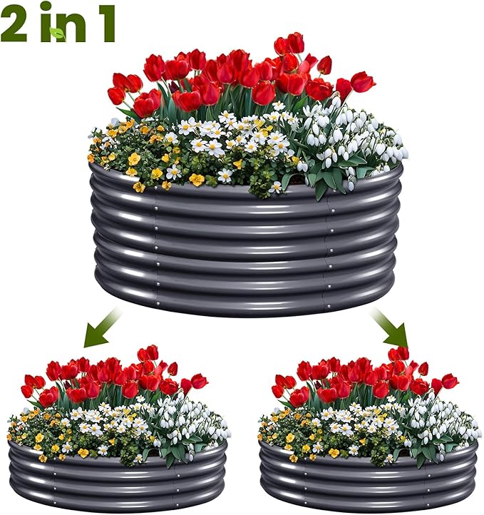 KING BIRD Raised Garden Bed Galvanized Round Planter Box Outdoor for Gardening, Plants, Vegetables, Flowers, Dark Grey, 47x47x12 in 2 Packs