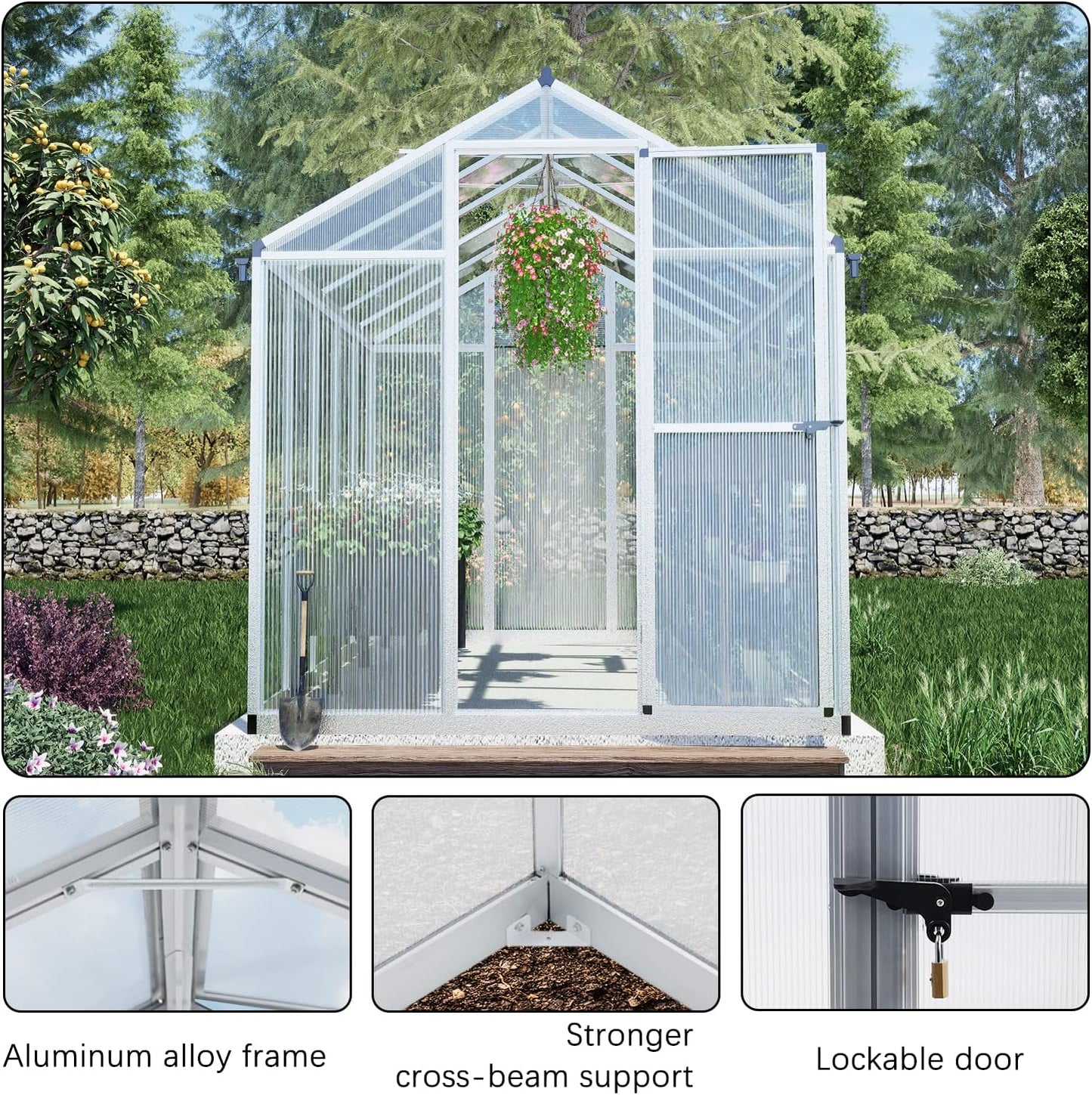 BPS 6x10 FT Walk-in Polycarbonate Greenhouse with Heavy-Duty Aluminum Frame, Vent Windows, and Lockable Door for Outdoor, Patio, Backyard, and Garden