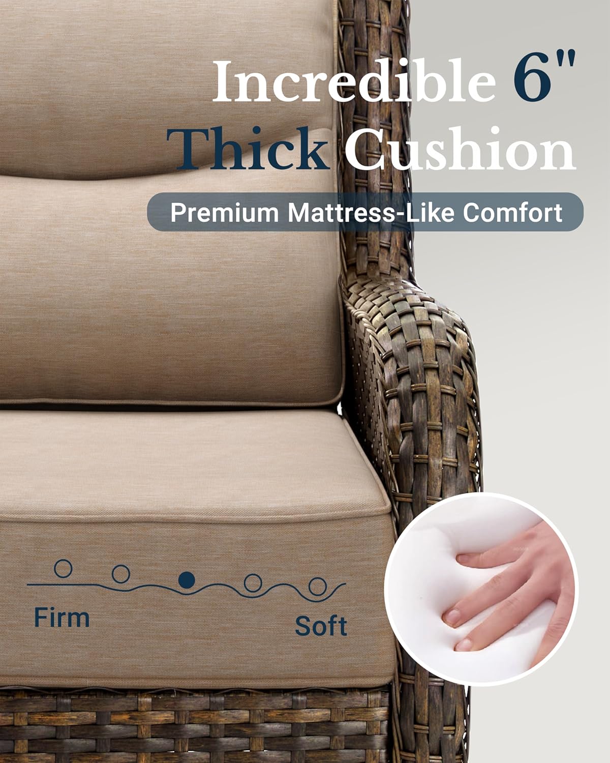 HILLGA Luxury Patio Furniture Set with 6-inch Thick Cushion, Outdoor Couch and High Back Swivel Rocker Patio Chairs, 6PCS Wicker Conversation Set for Deck Yard and Poolside, Beige (V2)