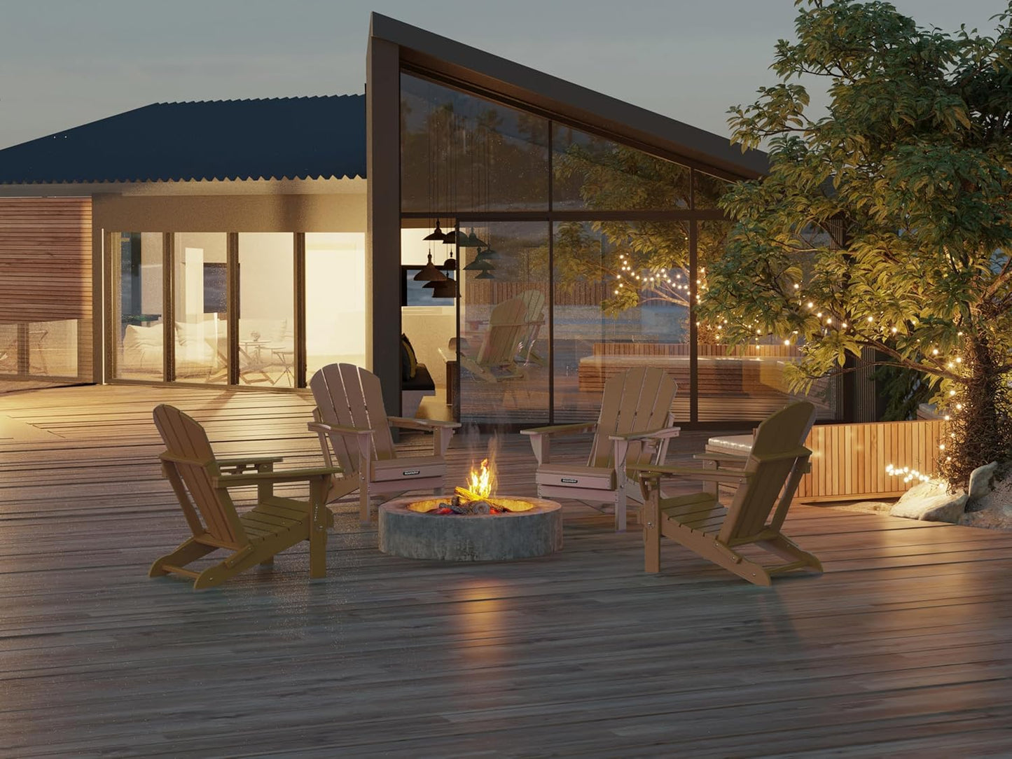 MUCHENGHY Folding Adirondack Chairs 6 Pack, Patio Chairs, Lawn Chairs, Outdoor Chairs, Adirondack Chair Plastic, Fire Pit Chairs, Weather Resistant with Cup Holder for Deck, Backyard, Garden(Teak)