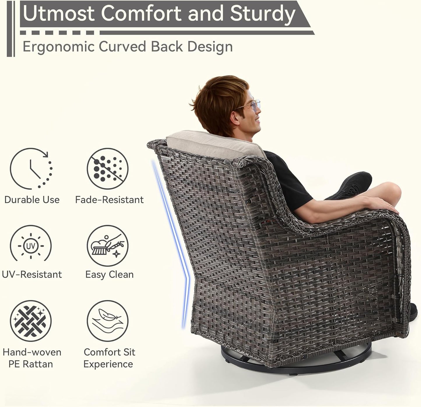 3 Pieces Outdoor Furniture Set - Patio Wicker Swivel Rocker Chair Set of 2 and 1 Side Table, Beige, Mixed Brown Rattan, Suitable for Porch, Yard