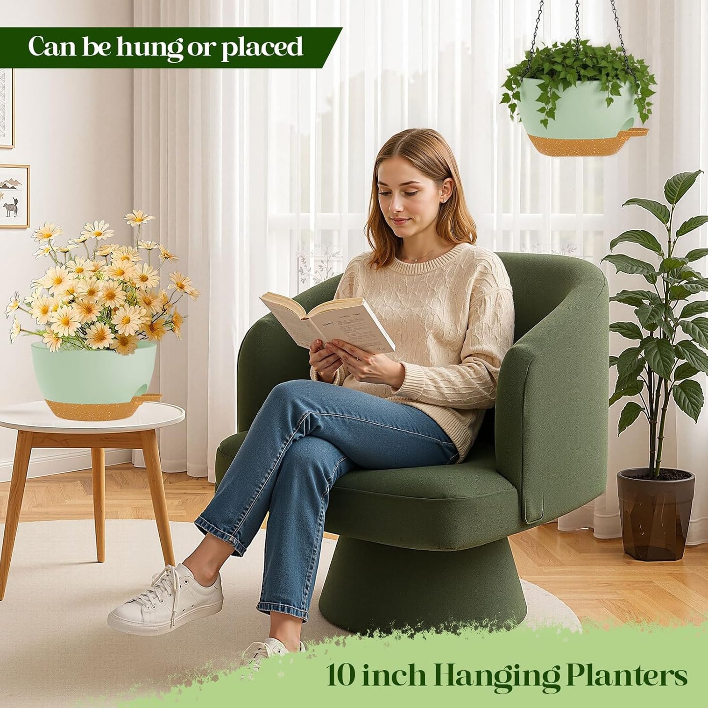 10 Inch Hanging Planters with Chains 2 Pack Self Watering Green Brown Plastic Hanging Pots for Indoor Outdoor Plants, Garden Porch Home Decor (Green Brown)