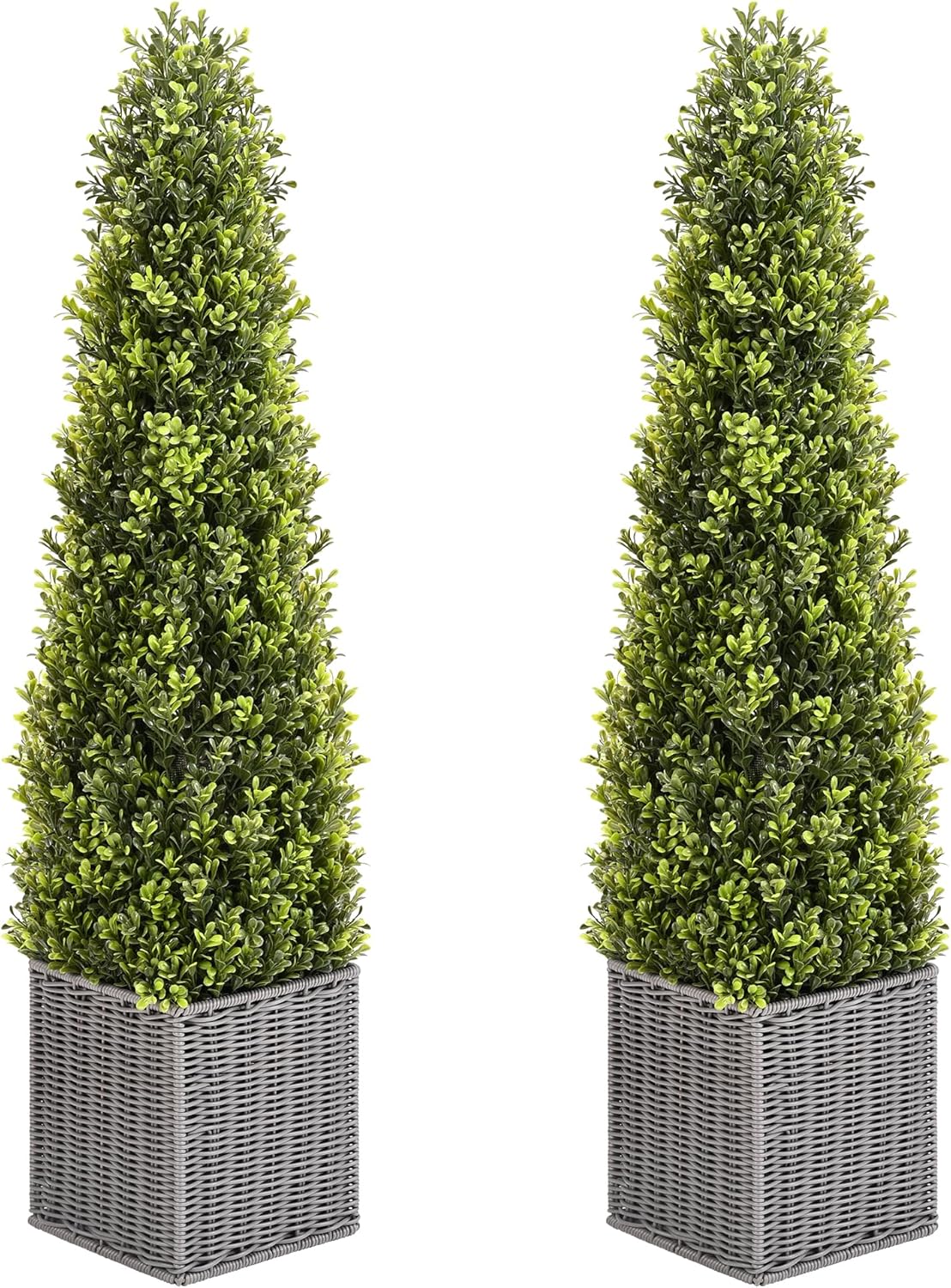 48 Inch Artificial Boxwood Outdoor Topiary Tree Set of 2, 4FT Potted Boxwood Tree Cone Topiary Artificial Plant Shrub for Front Porch Home Office Decor…