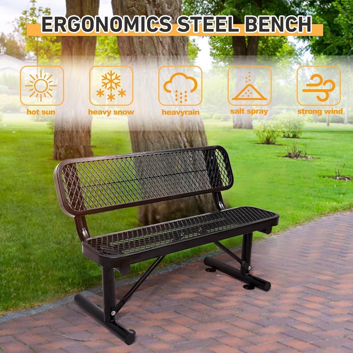Thermoplastic Coated Iron Park Bench for Outside, Heavy Duty Metal Garden Bench, Expanded Commercial Grade Seating for Shopping Malls, Lawn Yard Porch Entryway (Black with Backrest, 48IN)
