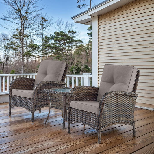 HUMMUH 3 Pieces Patio Furniture Set Outdoor Wicker Bistro Rattan Chairs with Glass Top Side Table and Thickened Cushions for Porch Deck Backyard Poolside