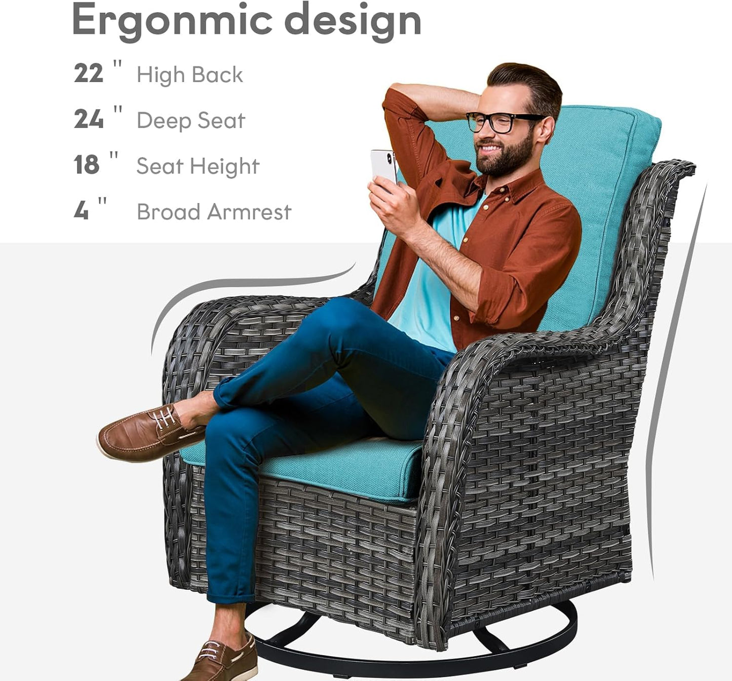 Outdoor Swivel Rocker Wicker Chairs Set of 3, High Back Swivel Patio Chairs Wicker Furniture Set, 2 PCS Rattan Swivel Rocking Chair with Side Table, Turquoise