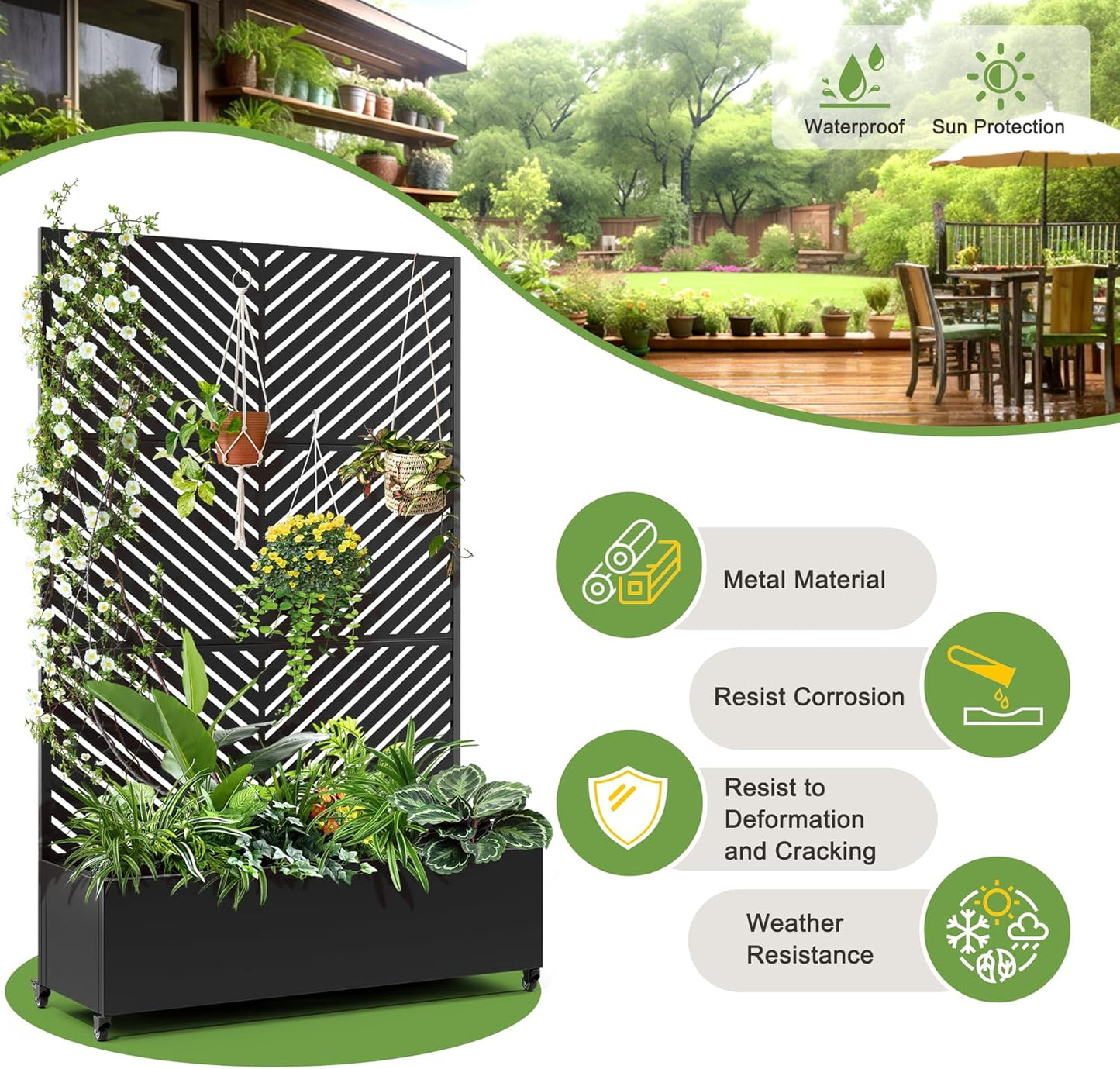 FENCY Metal Raised Garden Bed with Wheels and Trellis,73"x47"x16" Planter Box for Climbing Plants, Vegetables & Vines, Features Privacy Screen and Drainage Holes (Black-Arrow)