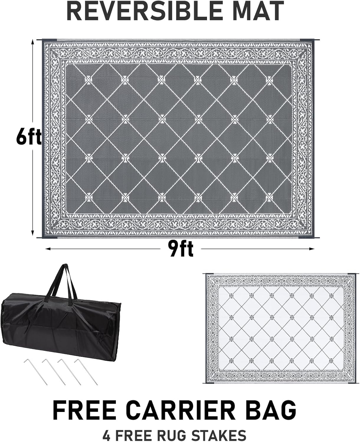 HiiARug Reversible Mats Outdoor Rug 6'x9' for Patio Plastic Straw Patio Rugs Outdoor Rugs Large Floor Mat for Ourdoor Decor,Garden, Patio, Backyard, Deck, Picnic, RV, Camping (Grey)