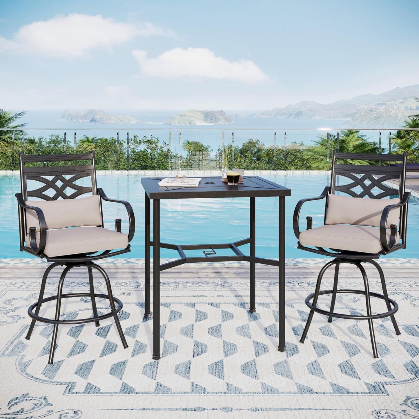 PHI VILLA 3 Piece Patio Bar Set,Outdoor Bar Table and Chairs Set, Strong and Heavy Duty Outdoor Bar Set with Cushion and Pillow，2PC Swivel Bar Stools with Square Bar Height Table