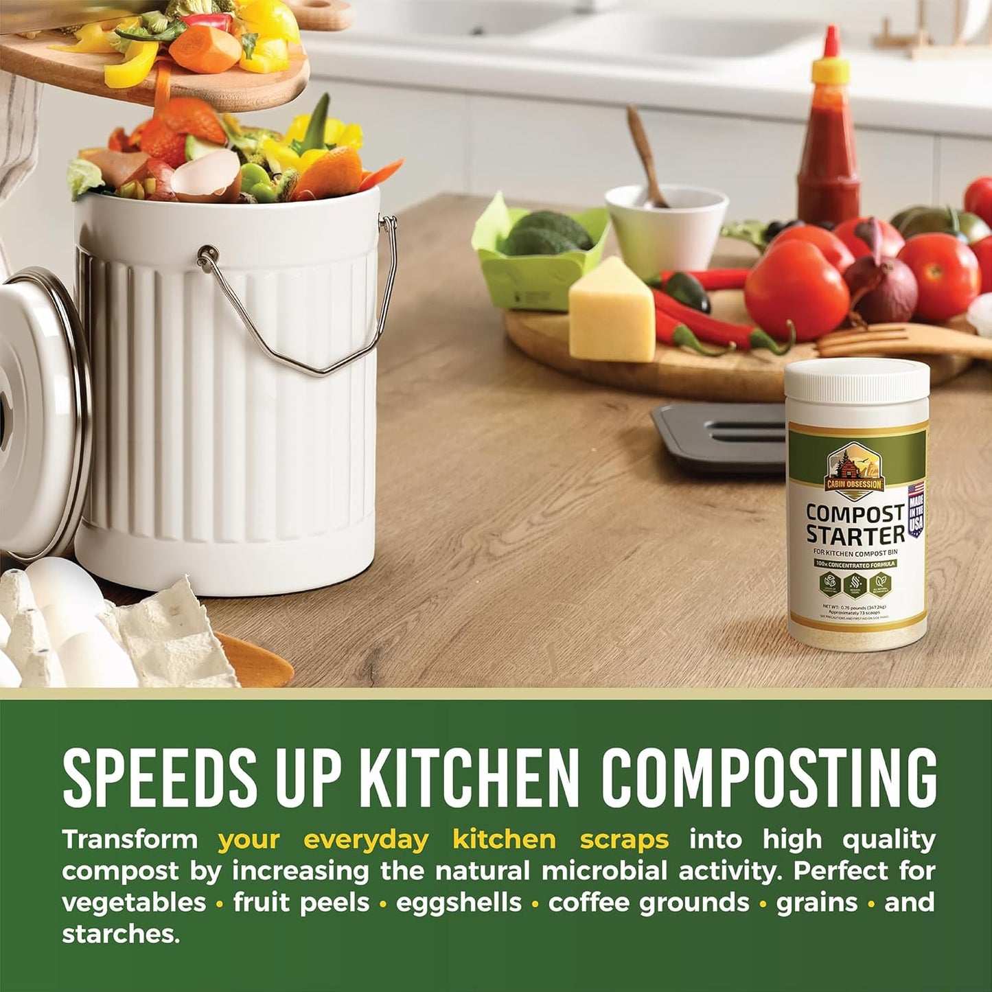 Compost Starter - 100x Concentrated All Natural Compost Accelerator for Countertop Kitchen Bin - Odor-Free, Fast-Acting Microbial Formula - Approximately 73 Scoops