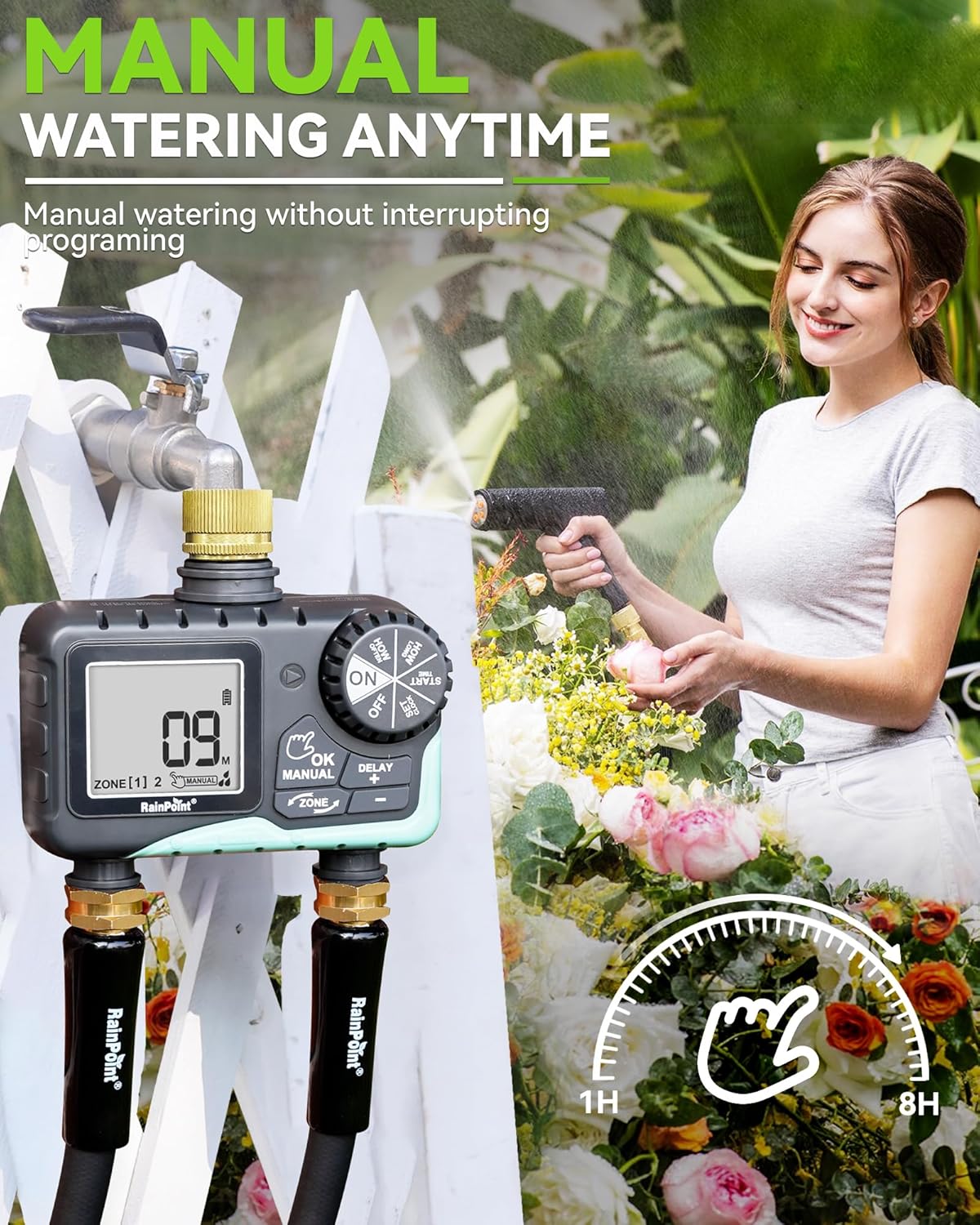 RAINPOINT Water Timer for Garden Hose - Sprinkler Timer with Brass Swivel - Rain Delay/Manual Watering/Automatic Irrigation Programmable Faucet for Yard, 2 Outlet
