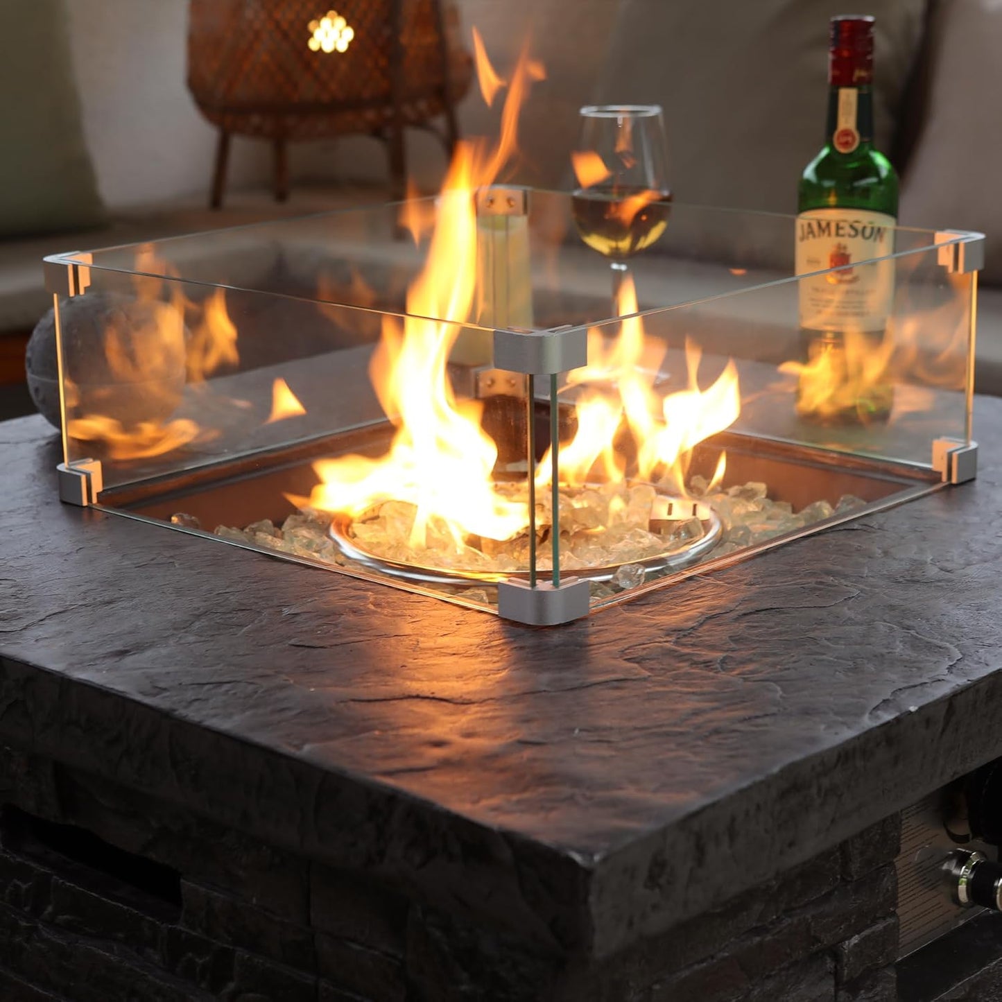 32" Outdoor Propane Fire Pit Table, Stone Fire Table Square Firepit w Glass Wind Guard(50,000 BTU), 2 Piece Slate Gas Fire Table in Deep Grey w Fire Glass, Rain Cover for Outside, Backyard