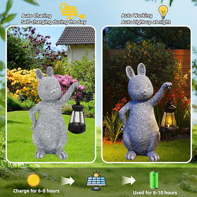 AVEKI Solar Bunny Statue Garden Outdoor Decor, Cute Rabbit Figurines Waterproof Garden Decor with Solar Lantern, Bunny Decor for Yard Art Lawn Porch, Women Gifts for Mom Grandma (Rabbit)