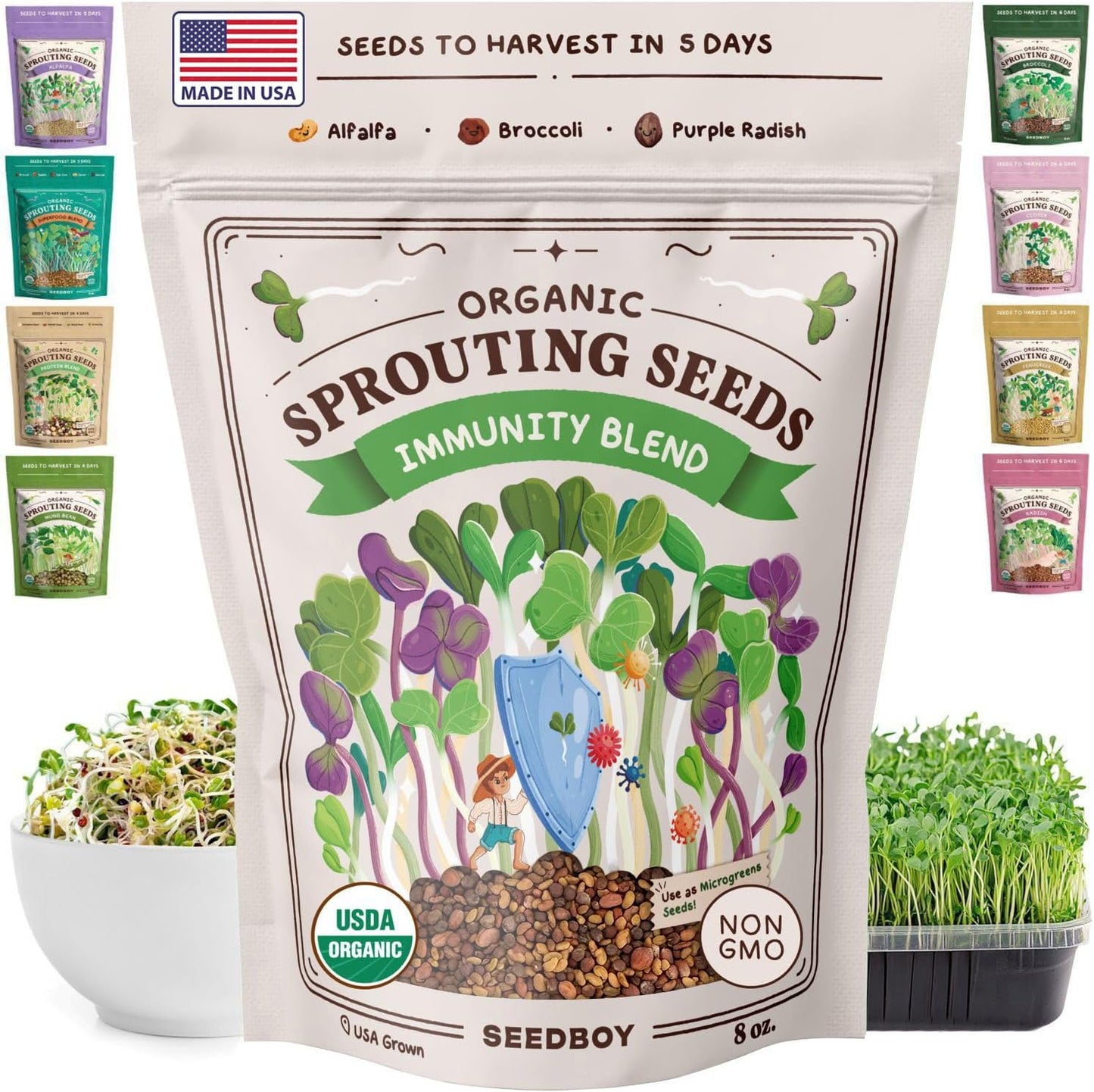 Seedboy Organic Sprouting Seeds - Immune System Booster Blend - Non-GMO, USA Grown - Broccoli, Purple Radish, Alfalfa - Makes 8 Quarts of Sprouts, 24 Servings (8 oz) (Immune System Booster Blend)
