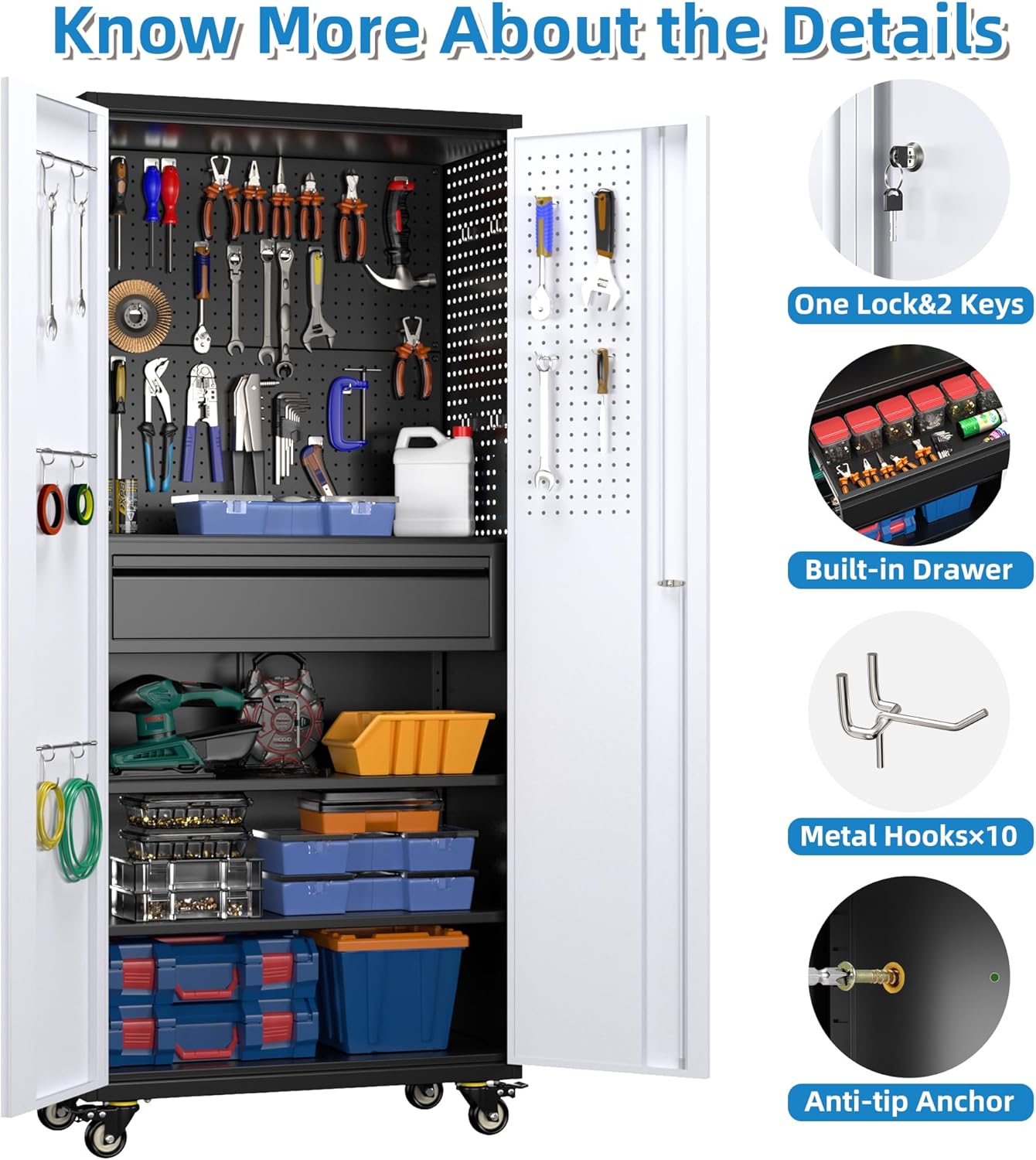 Metal Garage Cabinet with Wheels,71''H Rolling Lockable Steel Tool Storage Cabinet with Pegboard &1 Drawer for Garage,Home,Office,Black Gray, Assembly Required